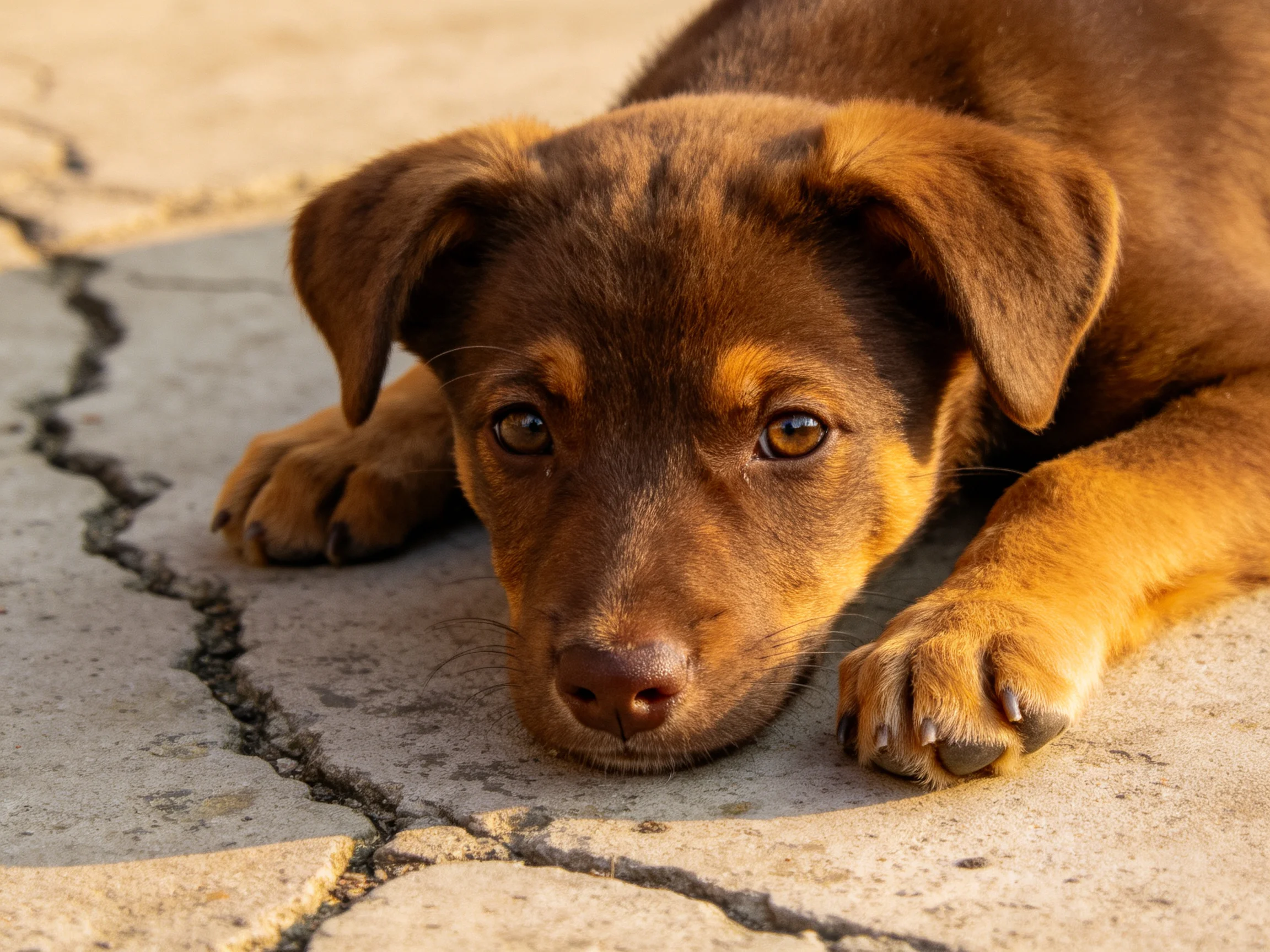 A brown puppy rests on cracked concrete pavement under warm sunlight