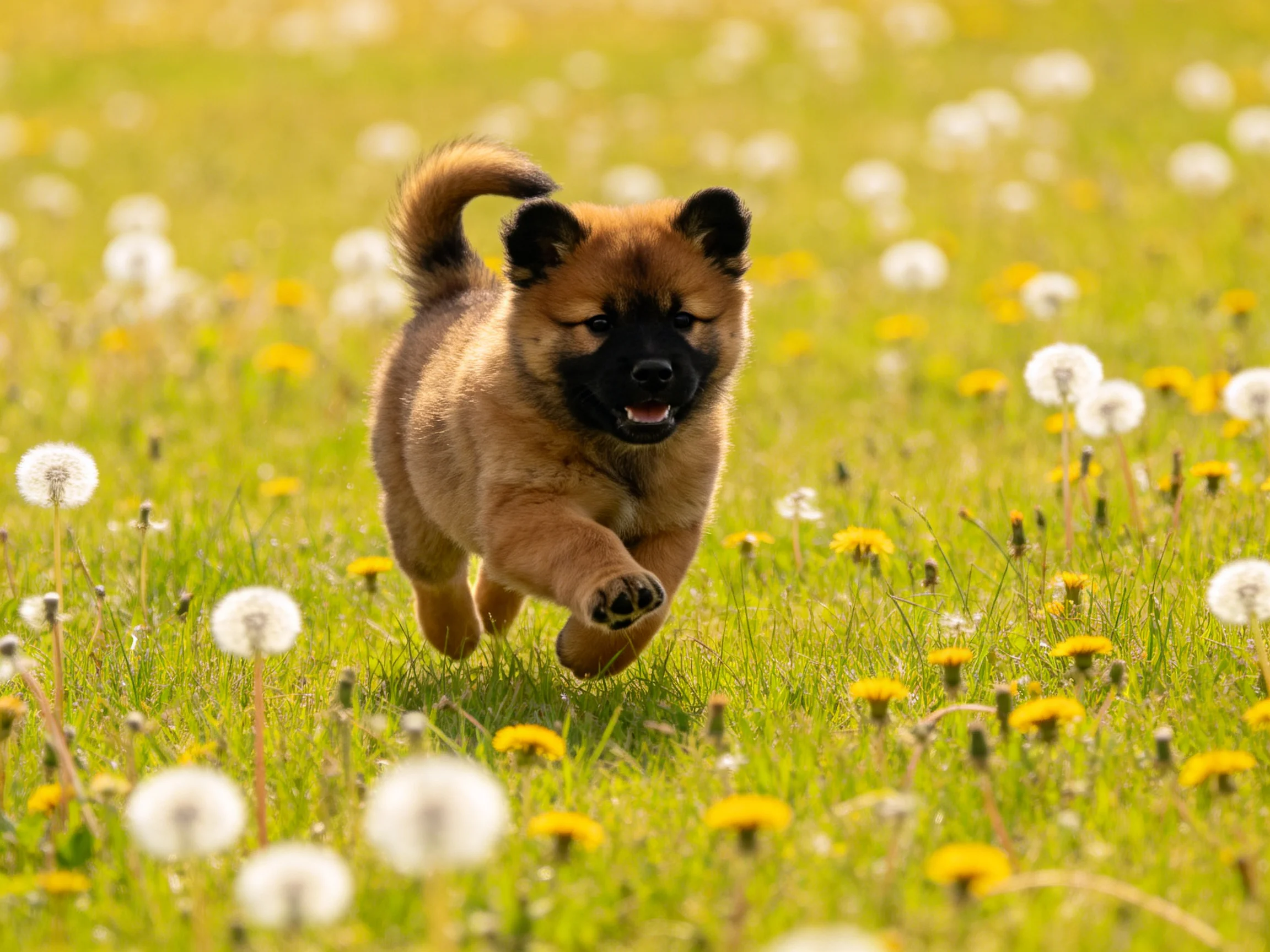 A brown puppy joyfully runs through a flower-filled meadow.