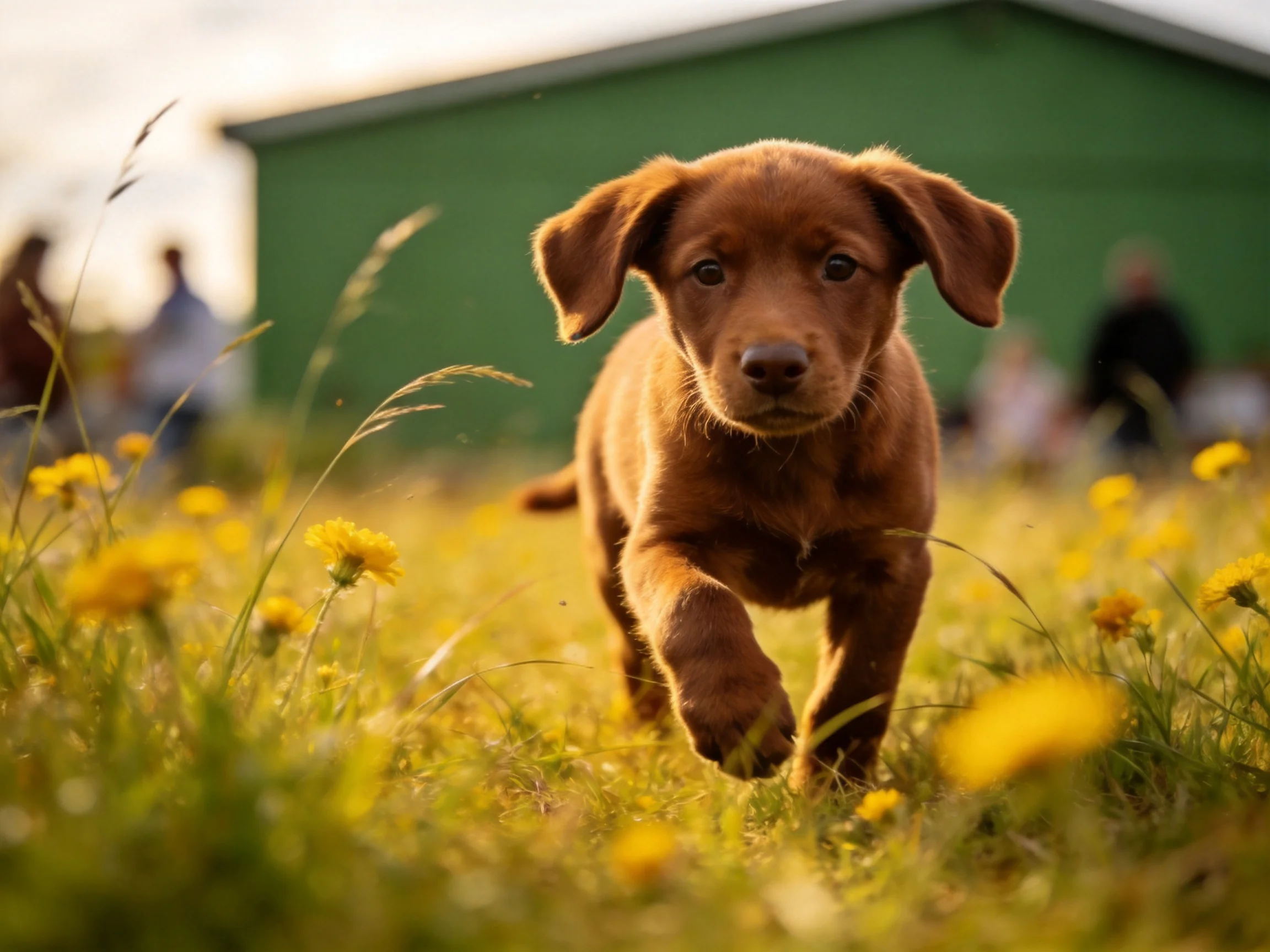 A brown puppy runs through a field of yellow flowers with a green structure in the background.