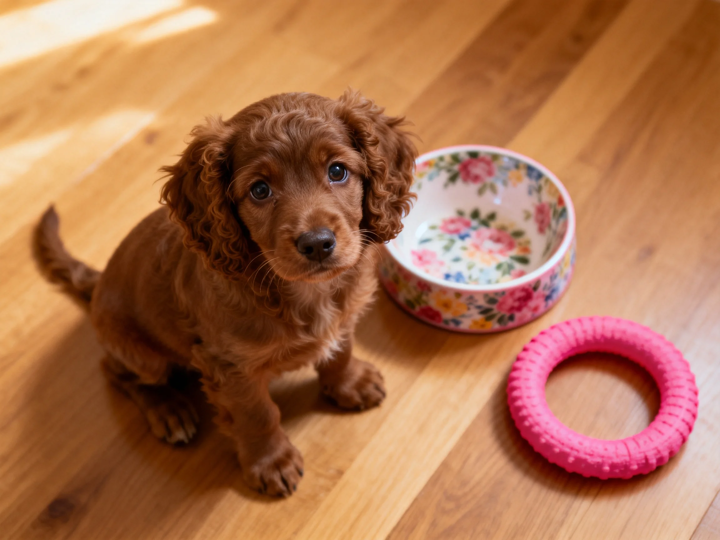 A brown puppy sits beside a floral-patterned bowl and pink toy on wooden flooring
