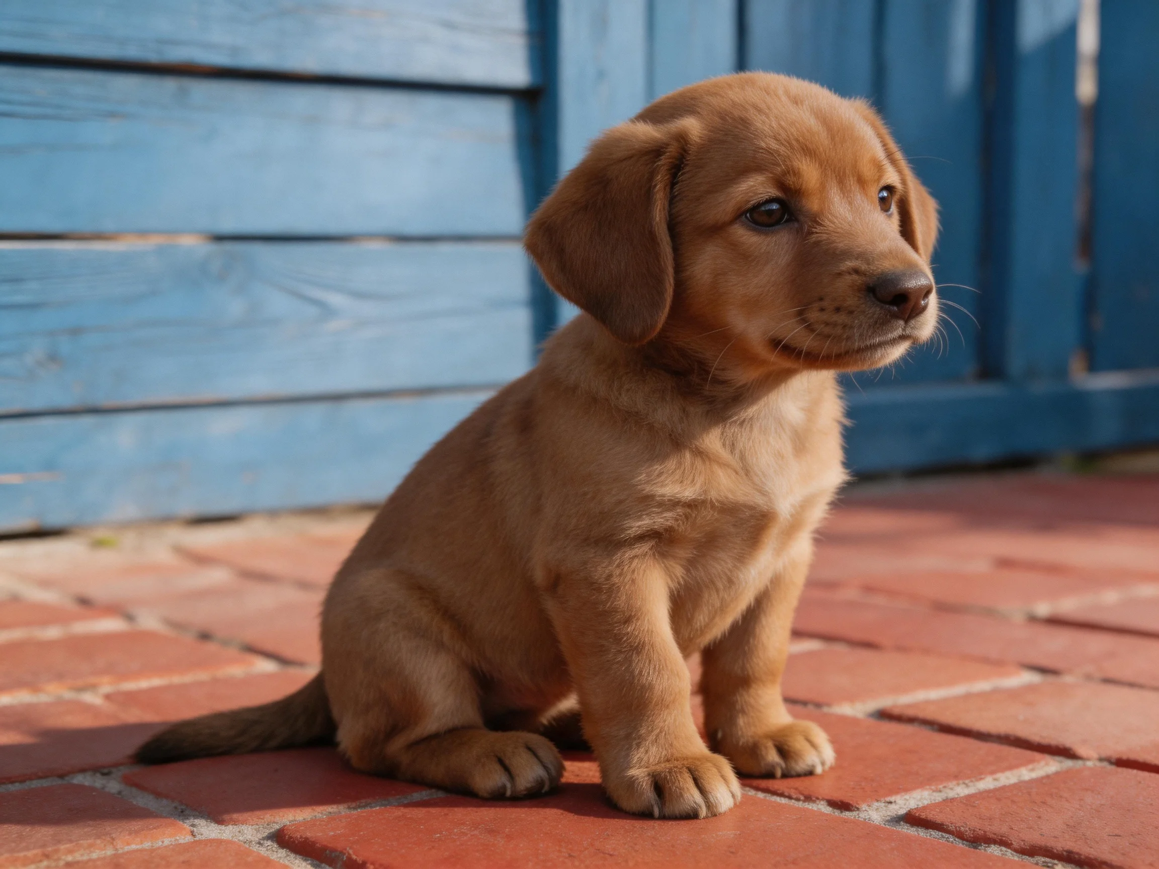 A brown puppy sits on red bricks beside a blue wooden structure.