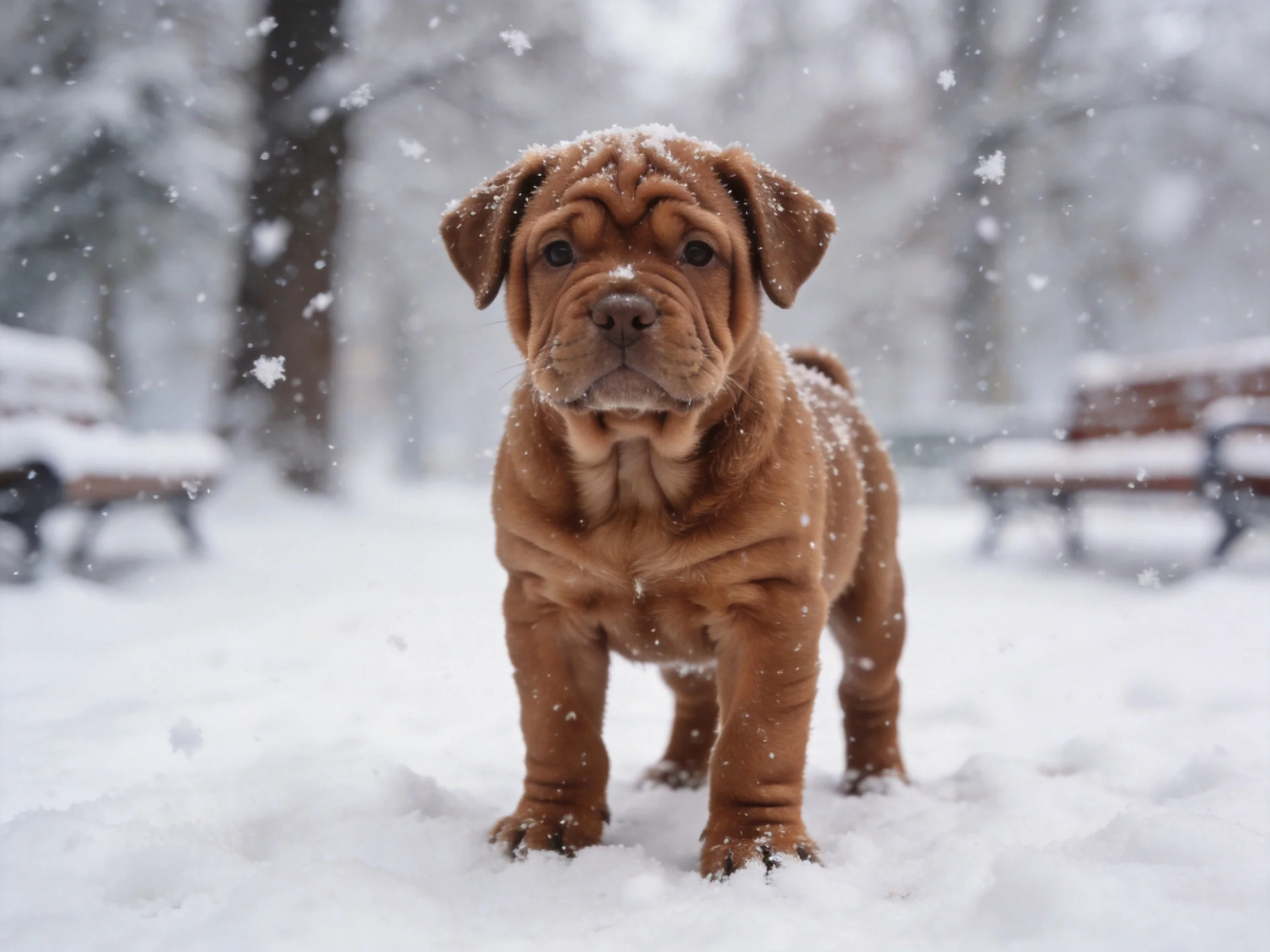 A brown puppy stands in a snowy park with falling snowflakes.
