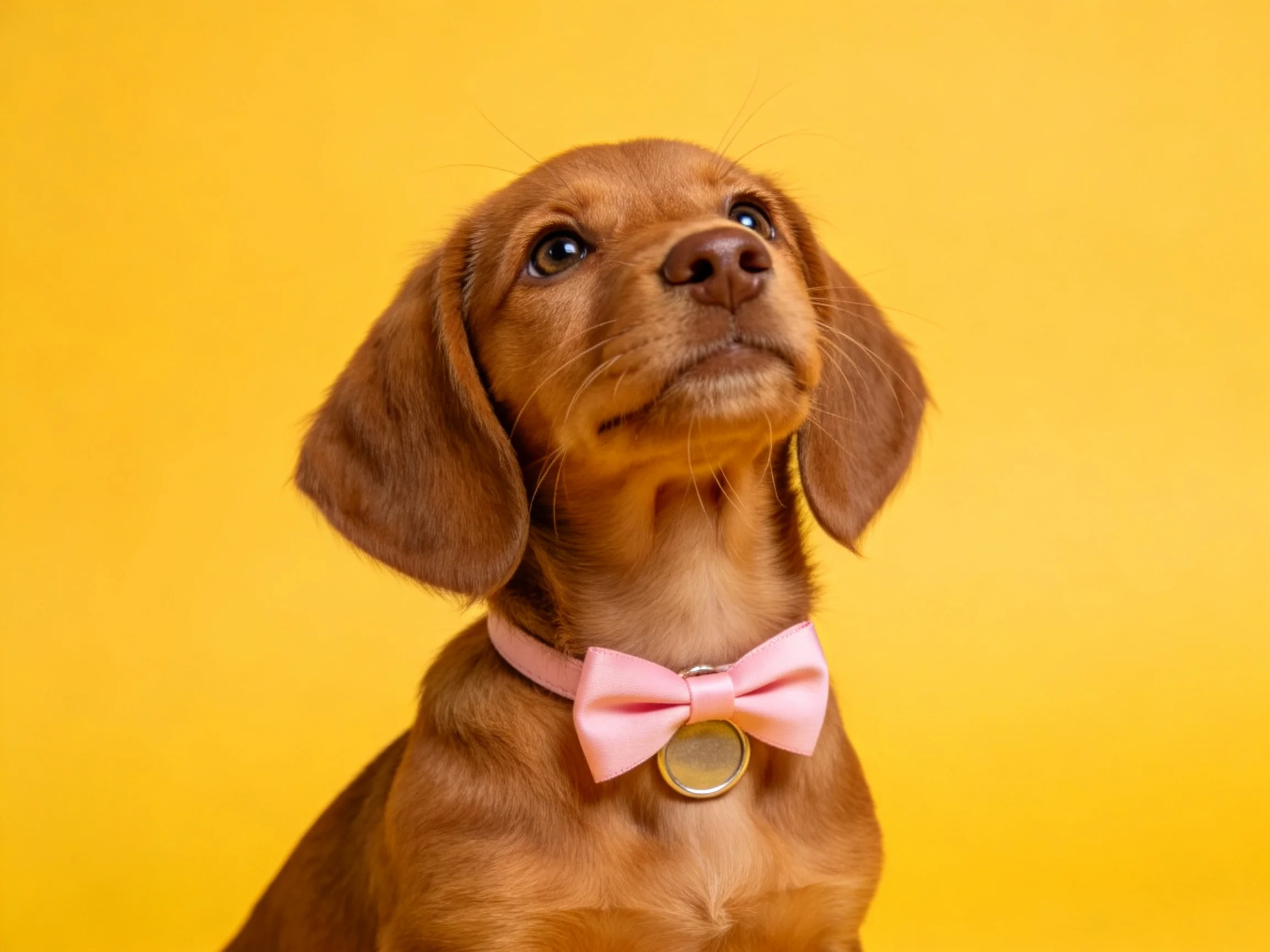 A brown puppy with a pink bow tie against a bright yellow backdrop