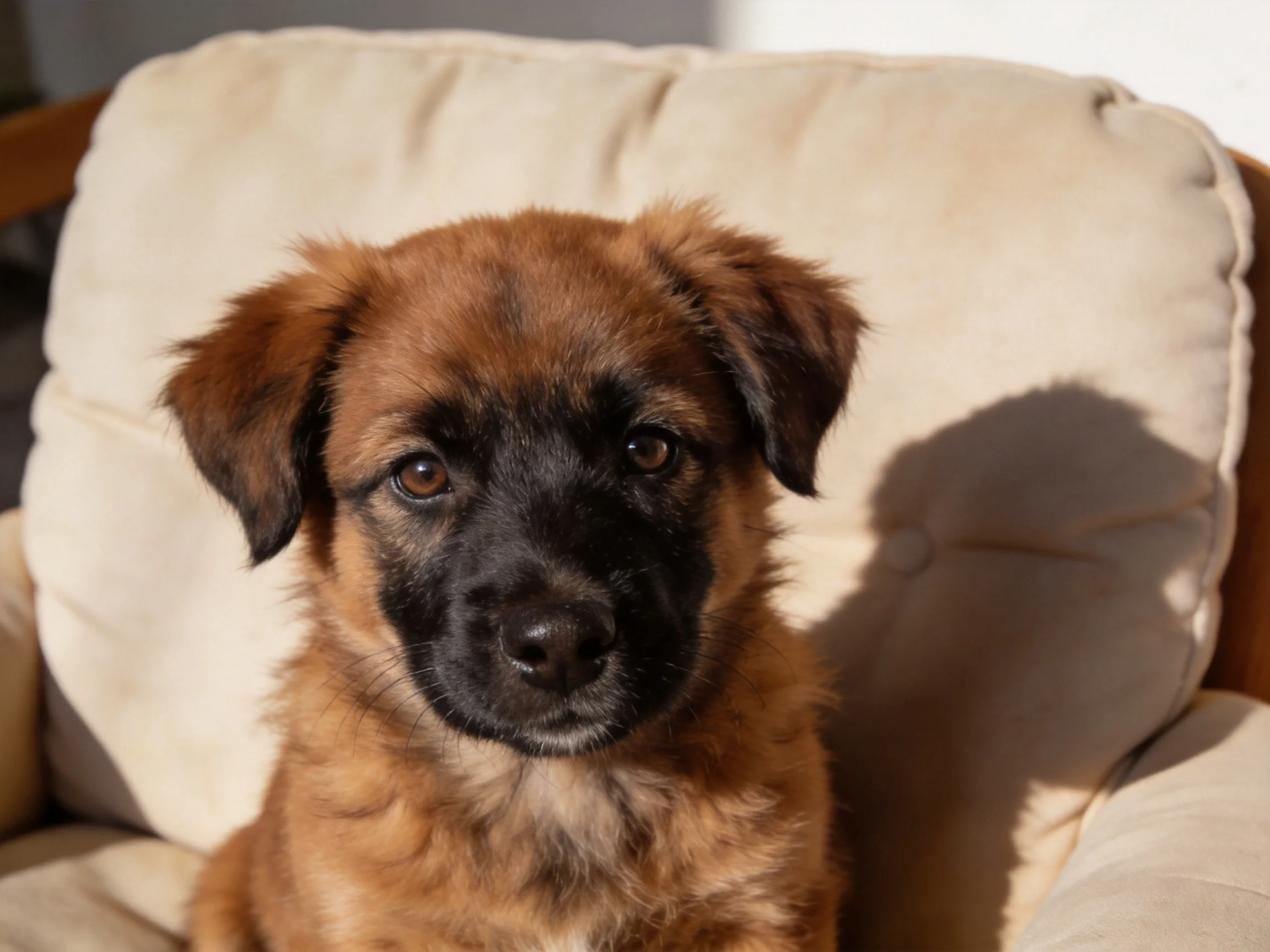 A brown puppy with dark facial markings sits calmly on a cream-colored chair