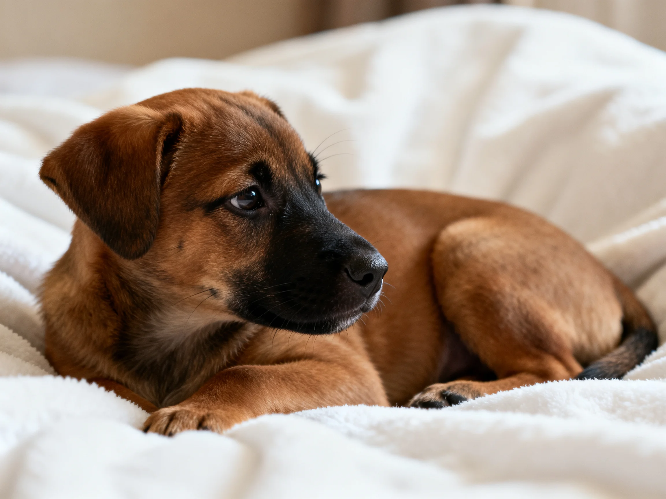 A brown puppy with black facial markings rests on a soft white blanket