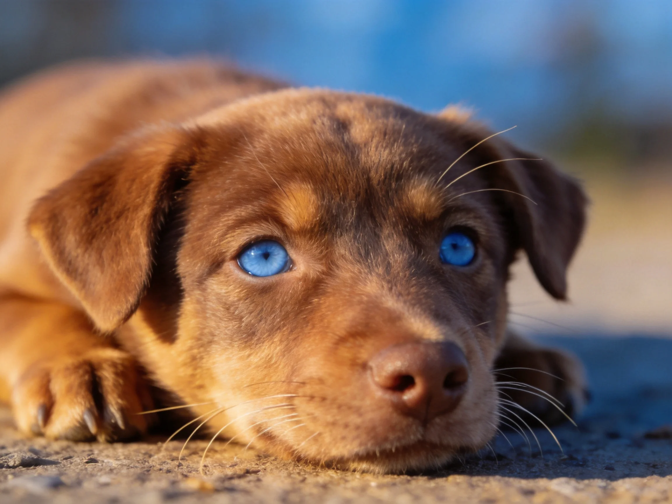 A brown puppy with bright blue eyes rests on a sunlit surface
