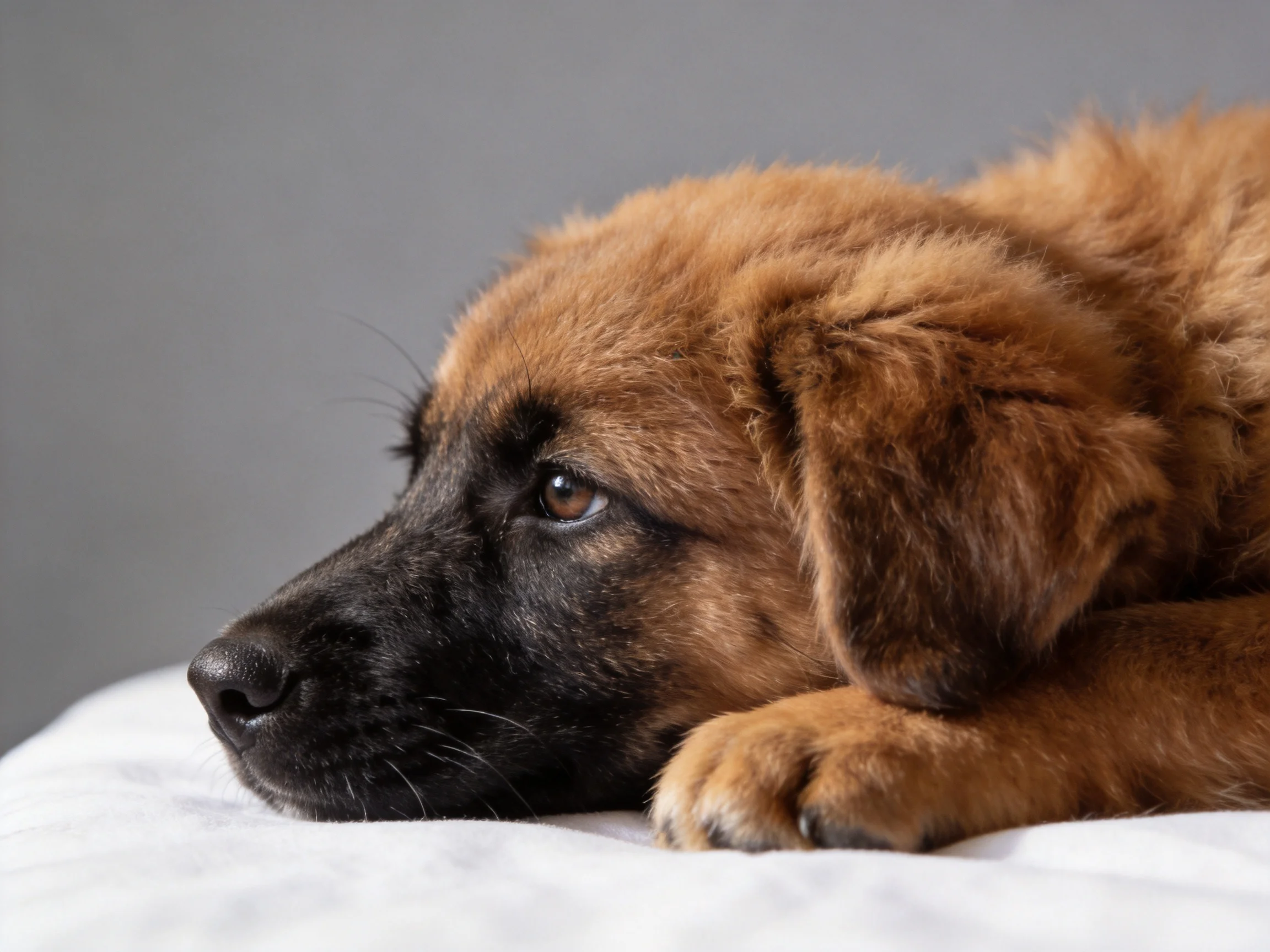A brown puppy with dark facial markings rests on a white surface