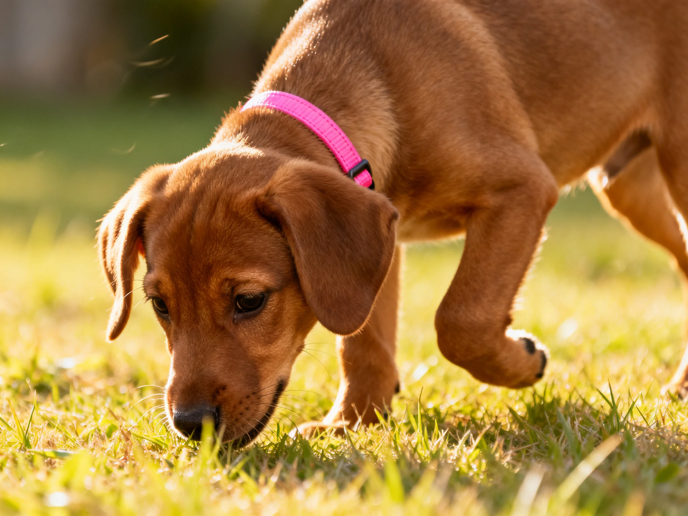 A brown puppy explores grassy terrain while wearing a pink collar