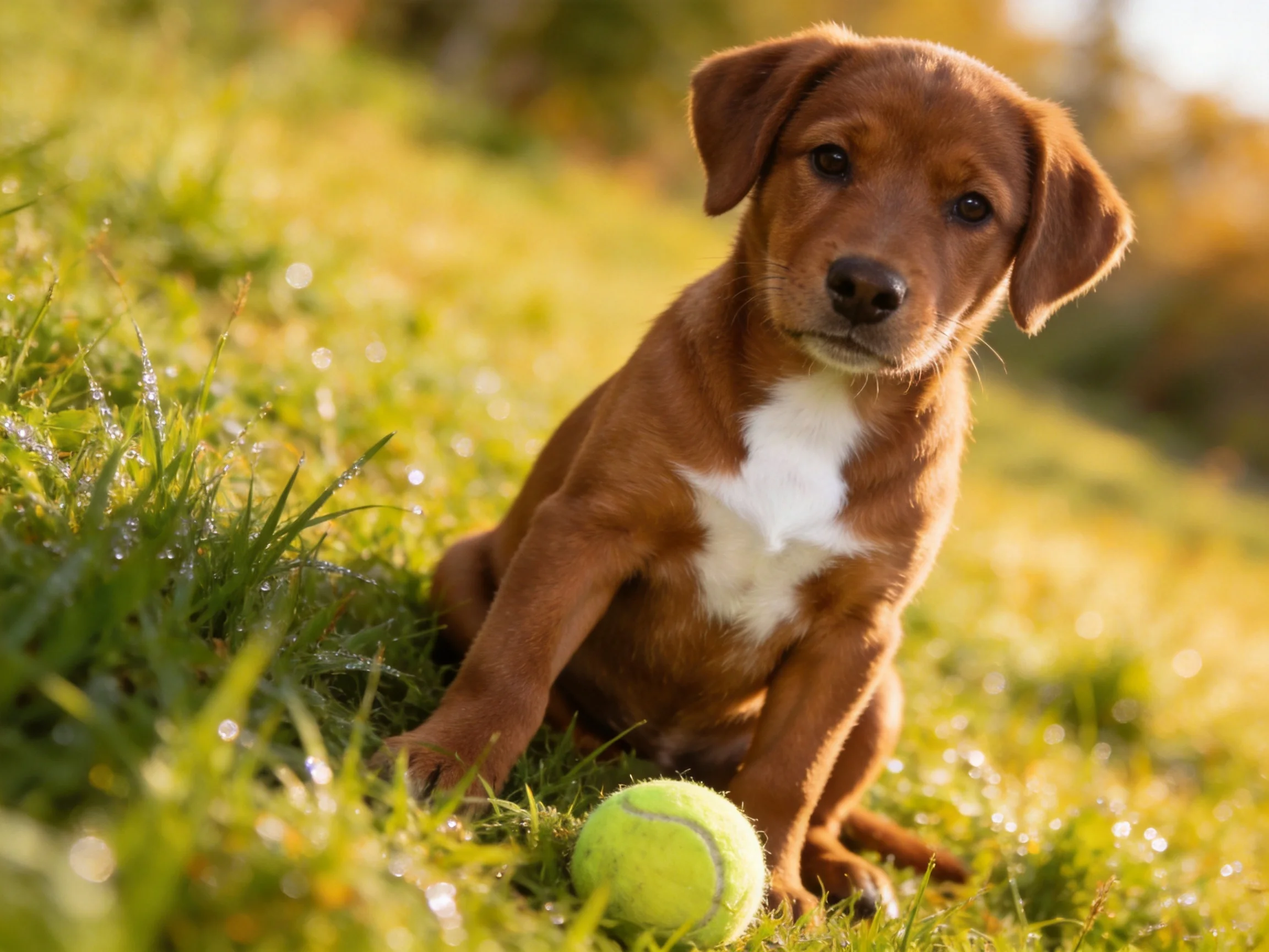 A brown puppy with white chest sits near a yellow tennis ball on dewy grass