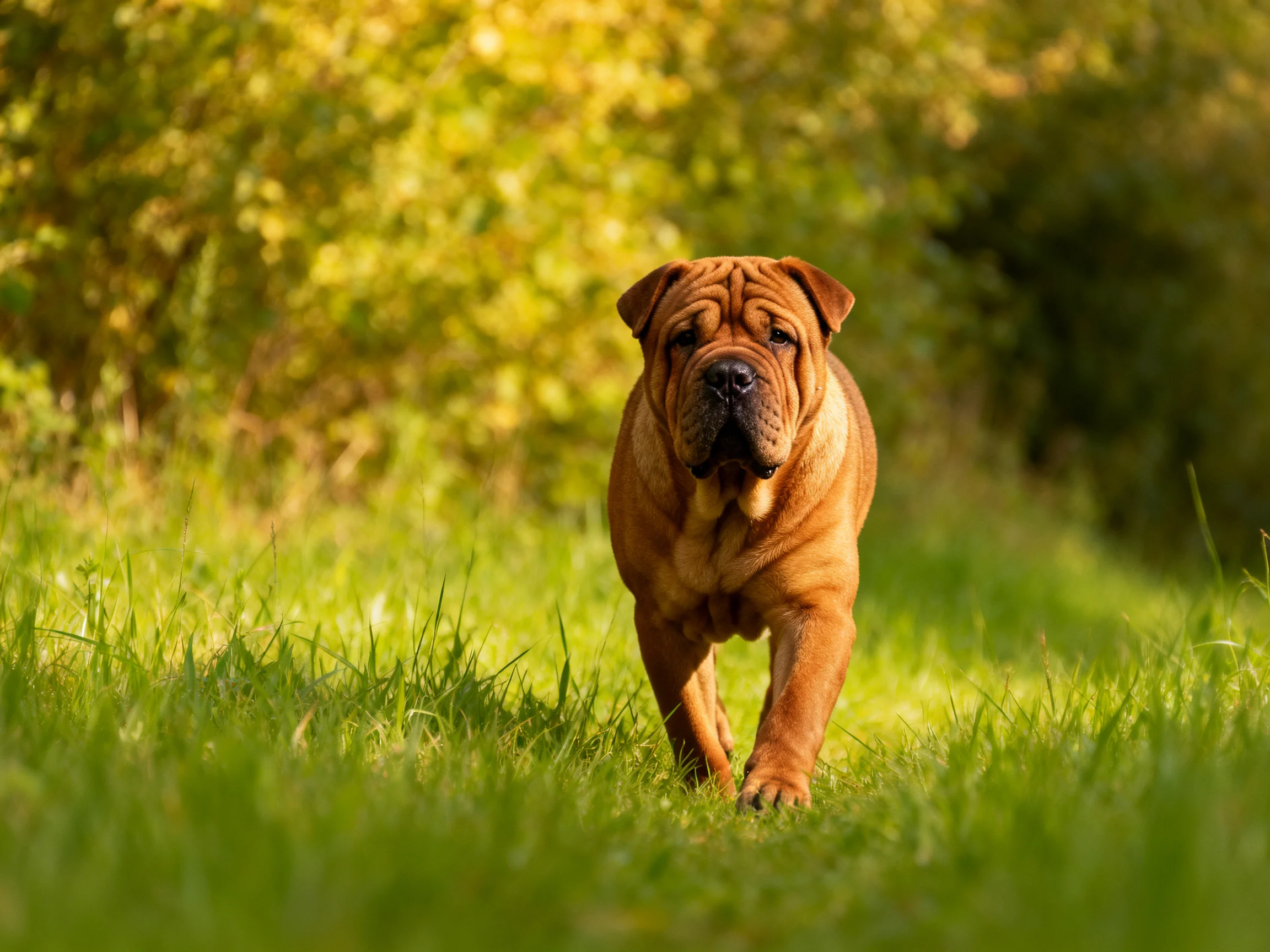 A brown dog walks through a sunlit grassy area with trees in the distance.