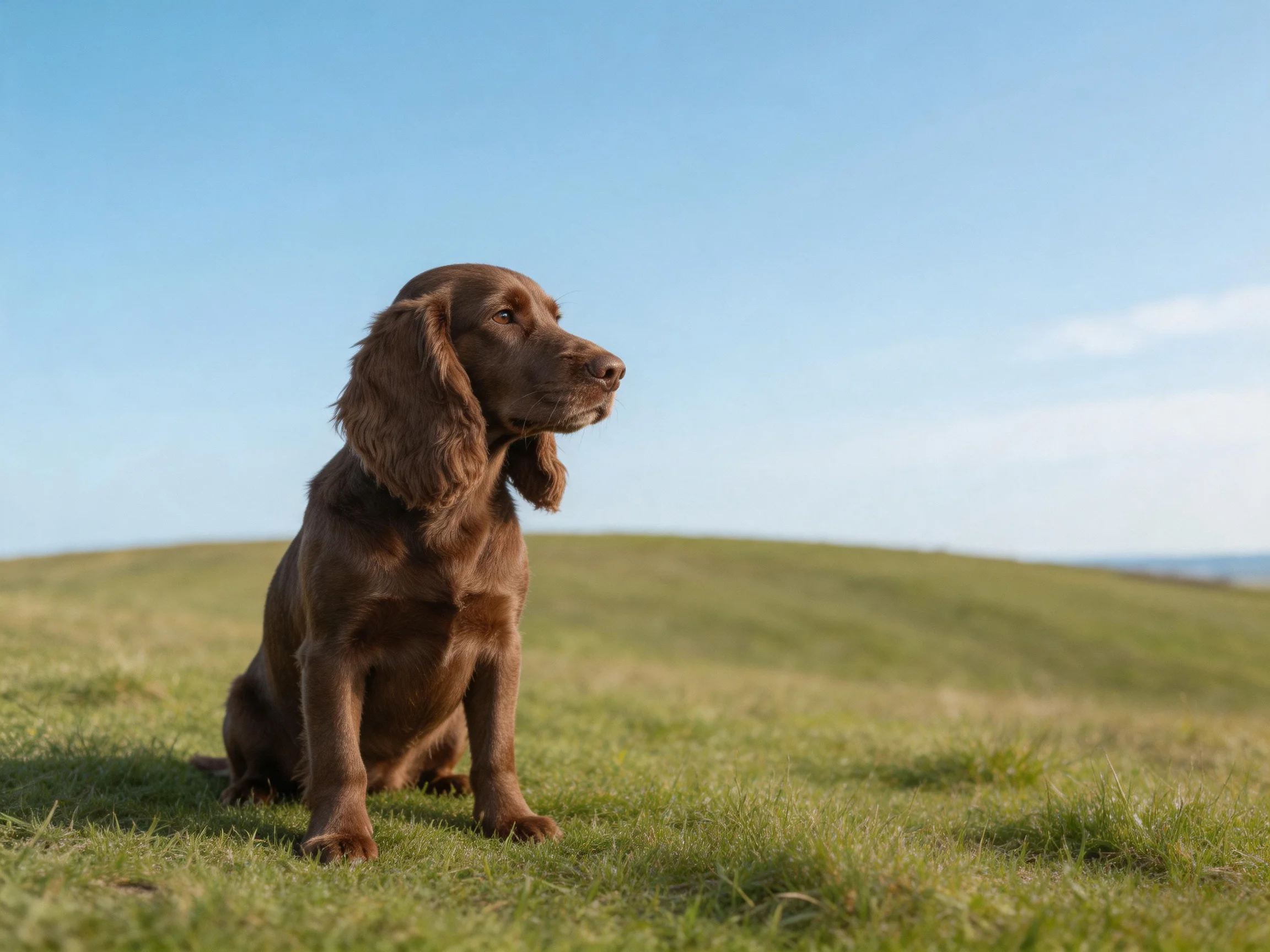 A brown spaniel sits on a grassy hill under a clear blue sky