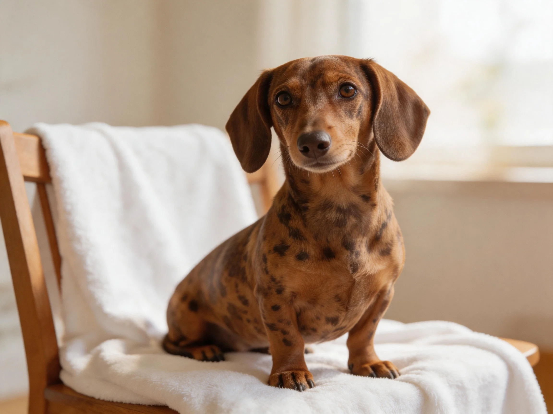 A brown-spotted dachshund sits calmly on a chair with a white towel.