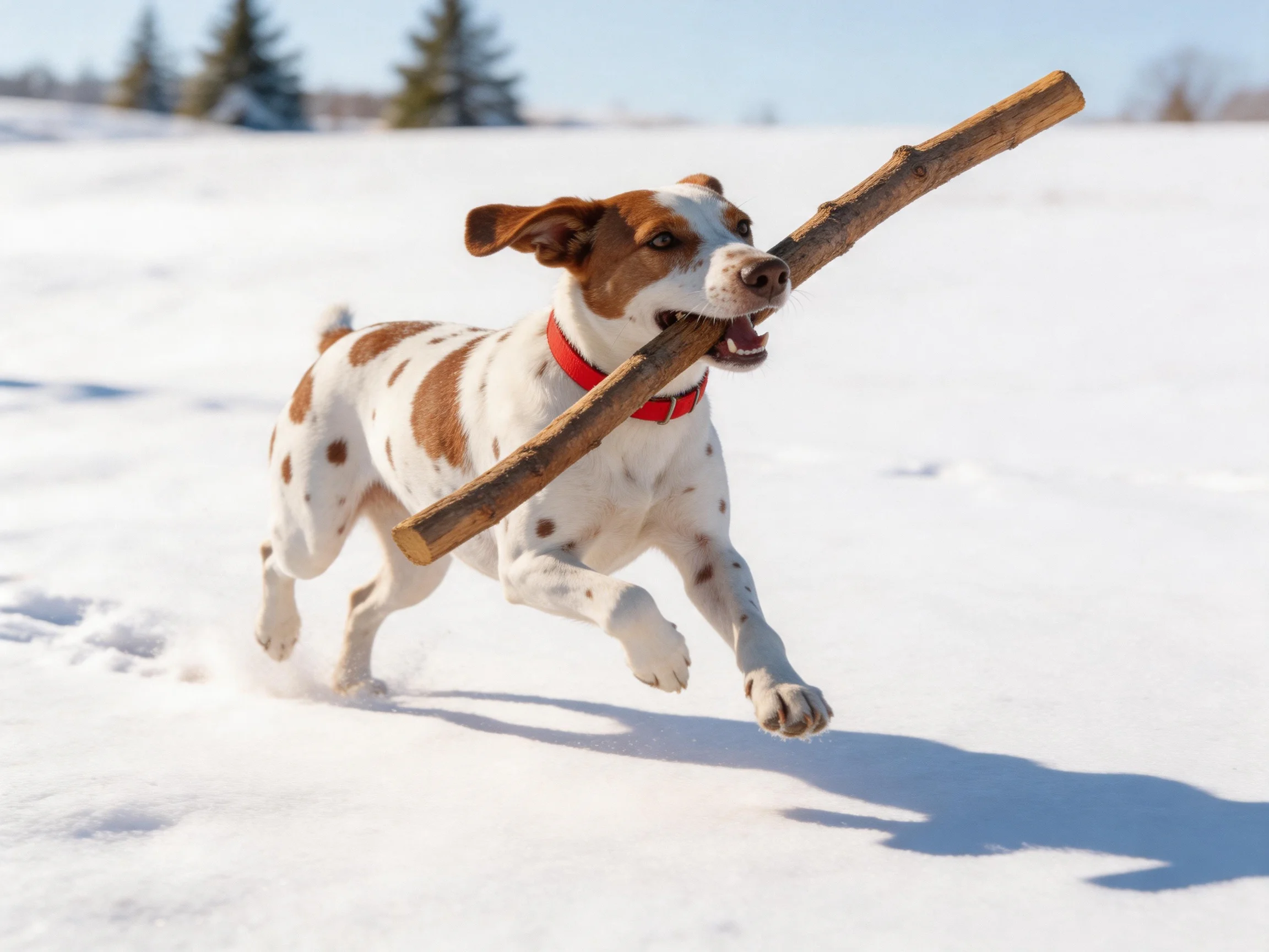 A spotted dog carries a large stick while running through a snowy landscape.