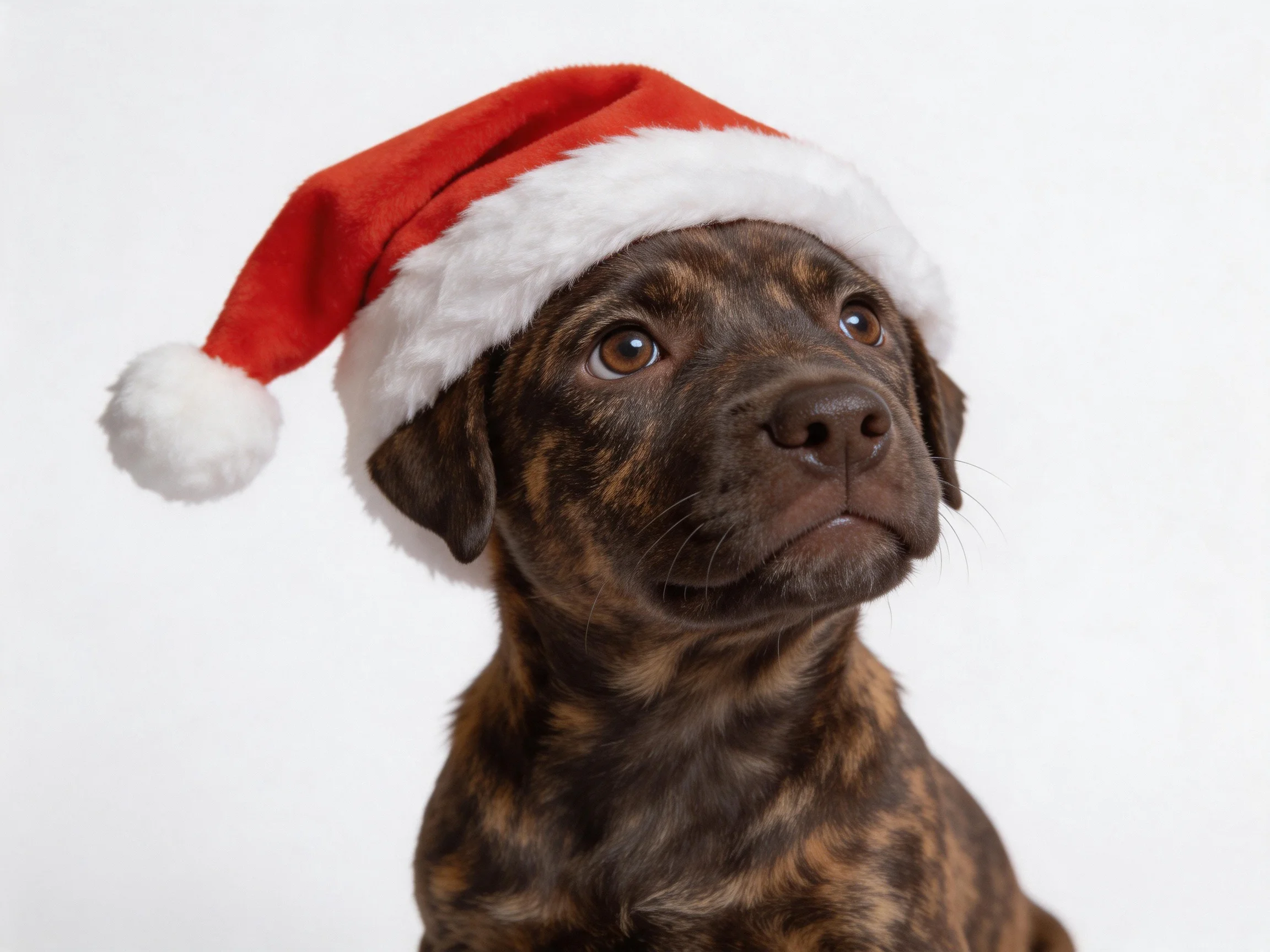 A brown-spotted puppy wearing a red and white Santa hat