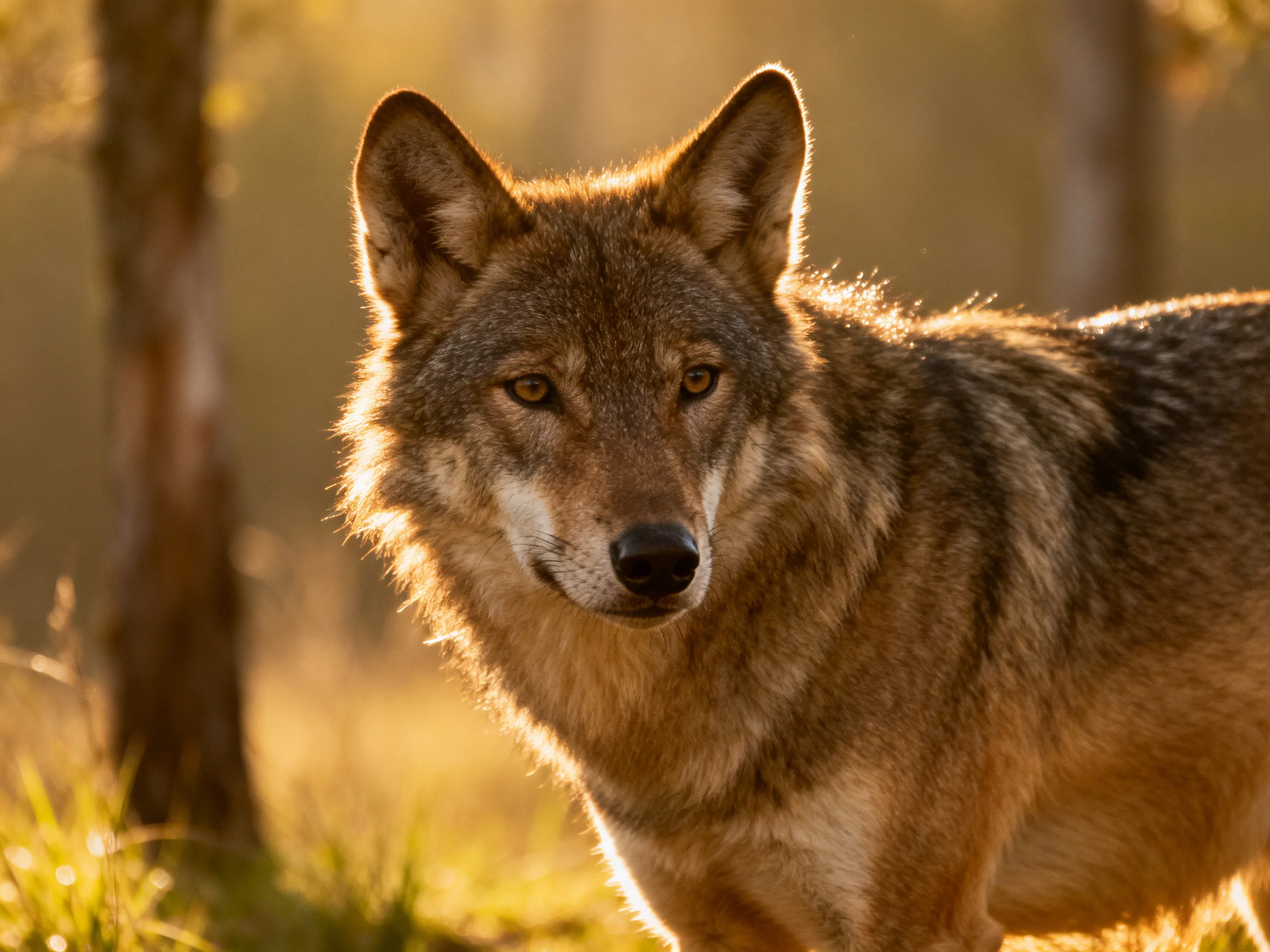 A brown wolf stands alert in a sunlit forest.