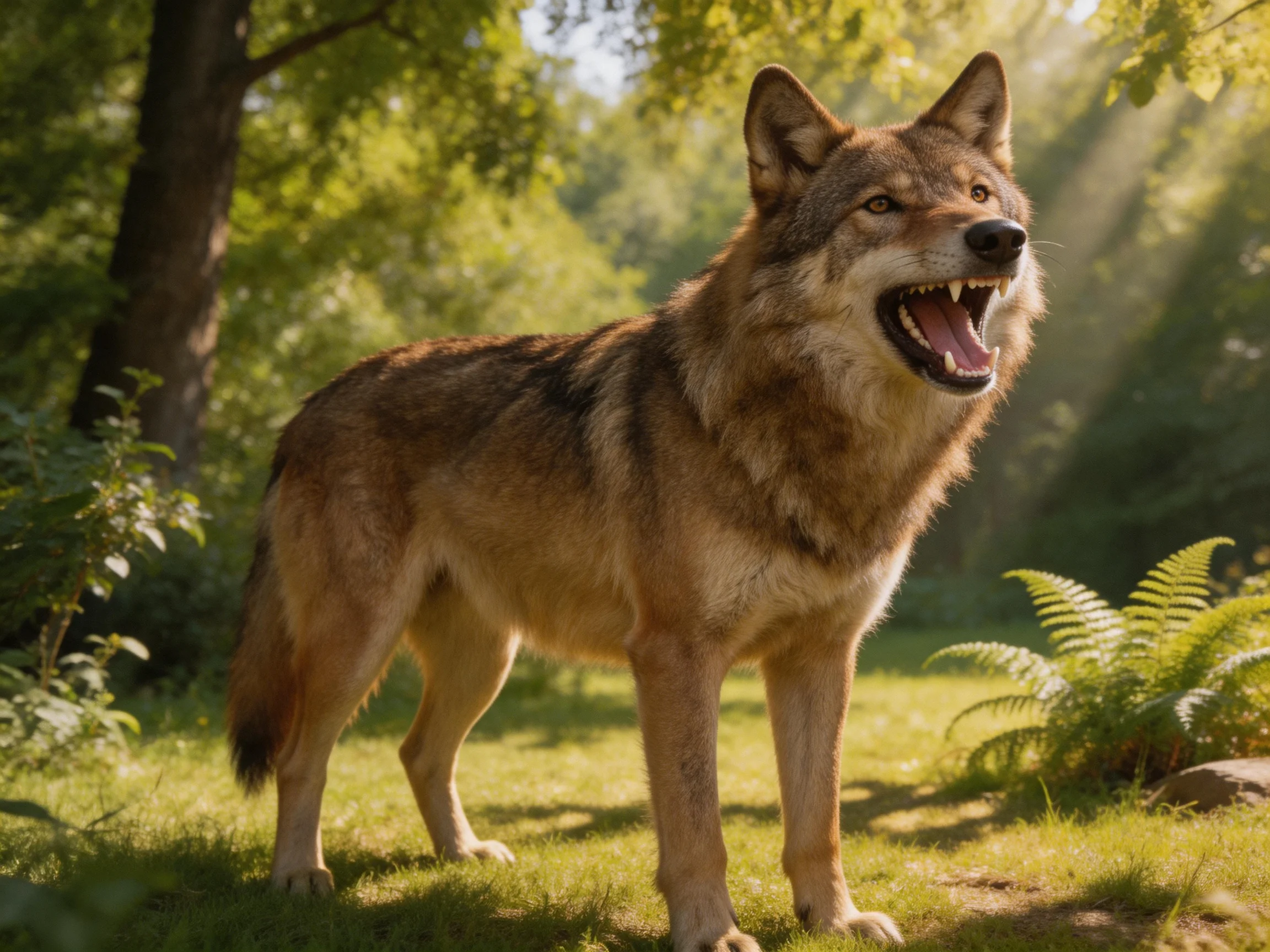 A brown wolf with open mouth in a sunlit forest clearing