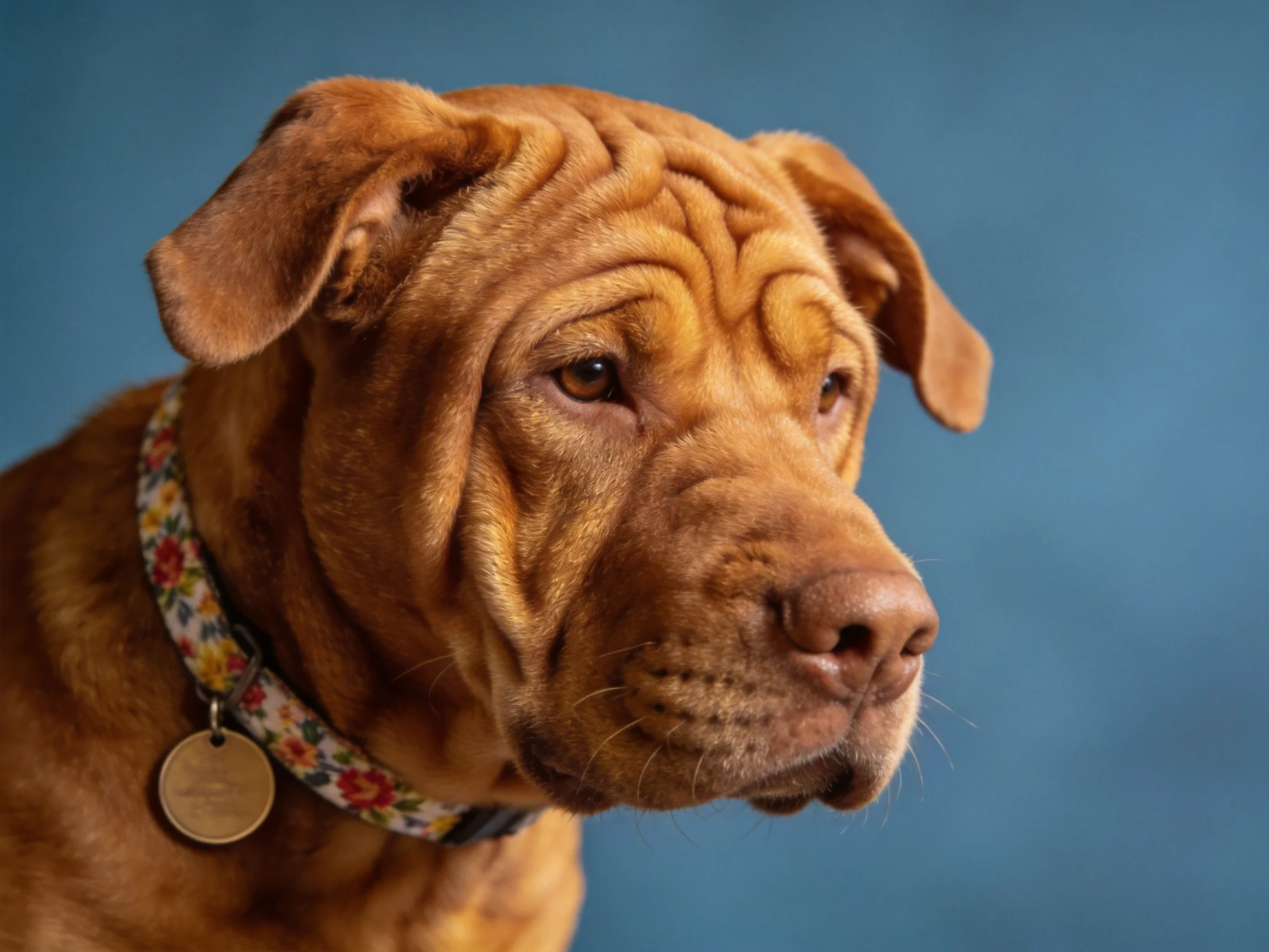 A brown wrinkled dog with a floral-patterned collar on a solid blue background
