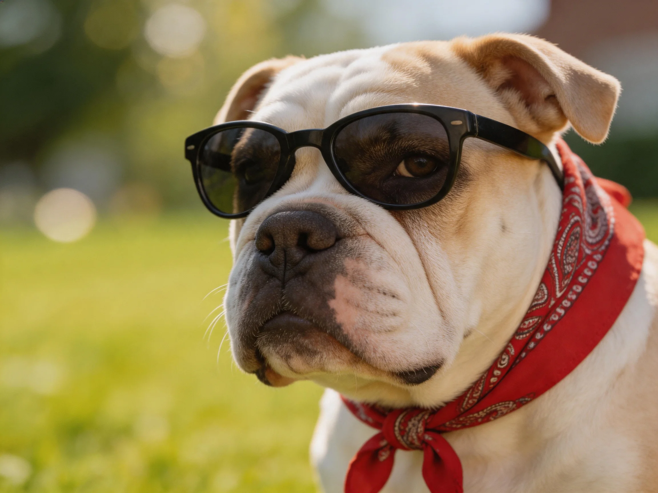 A bulldog with sunglasses and a red bandana is in a sunlit outdoor area.