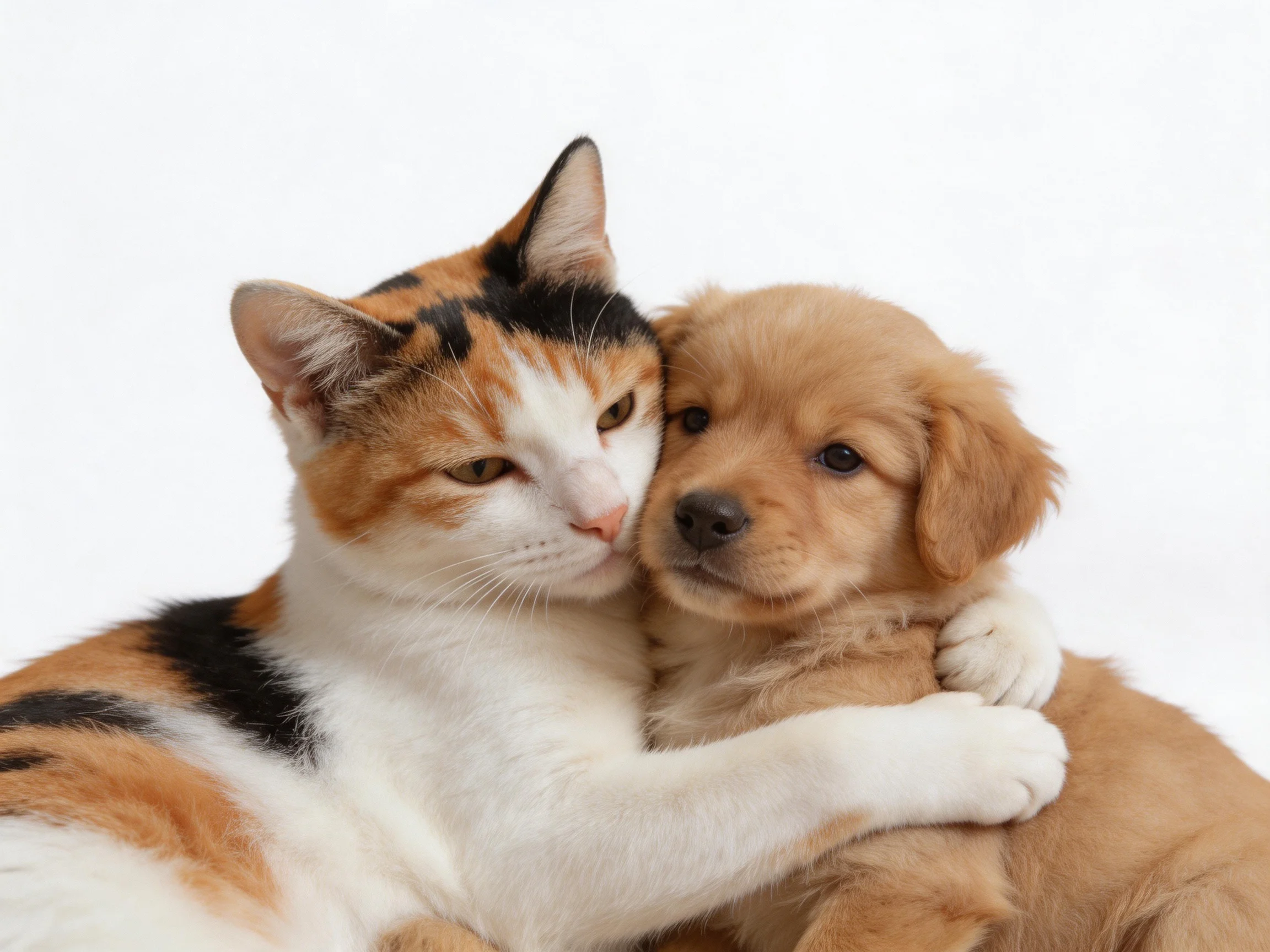 A calico cat and golden retriever puppy cuddle closely together