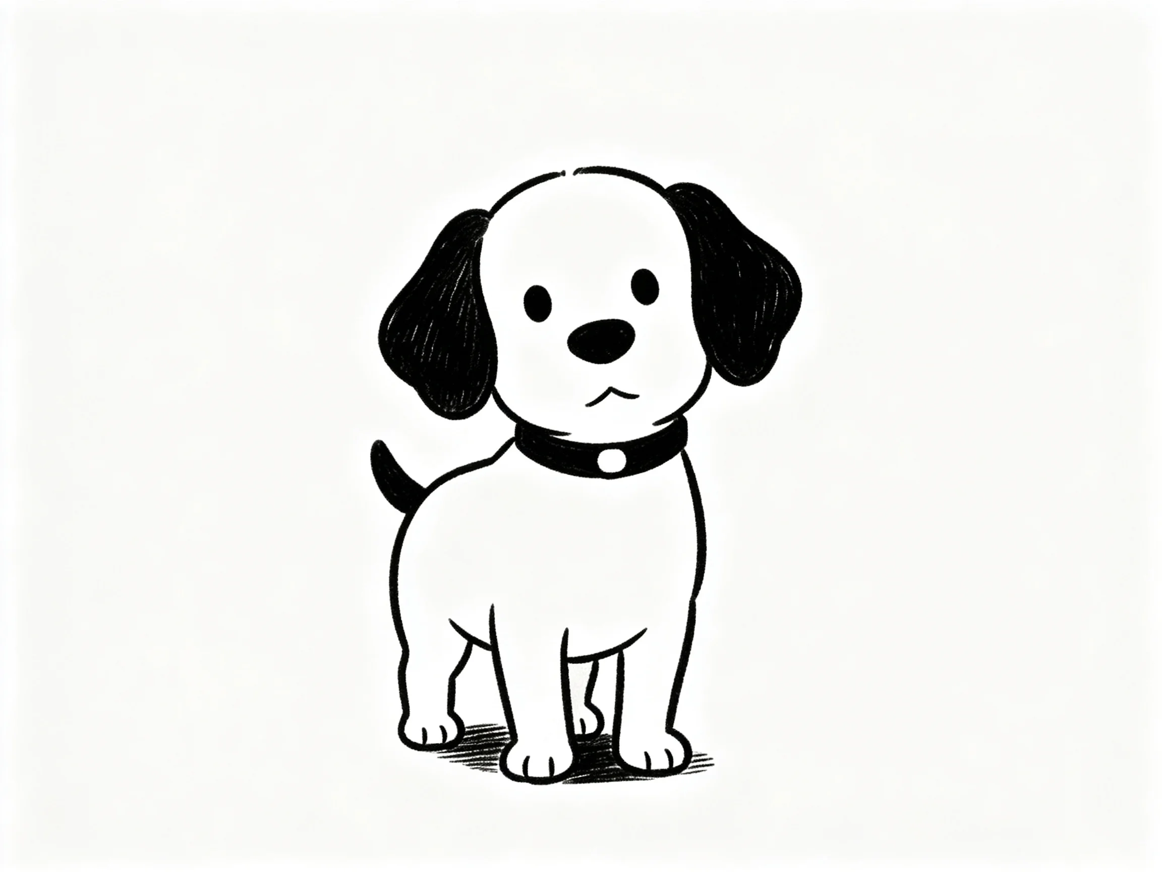 A cartoon dog with black ears and collar standing alone