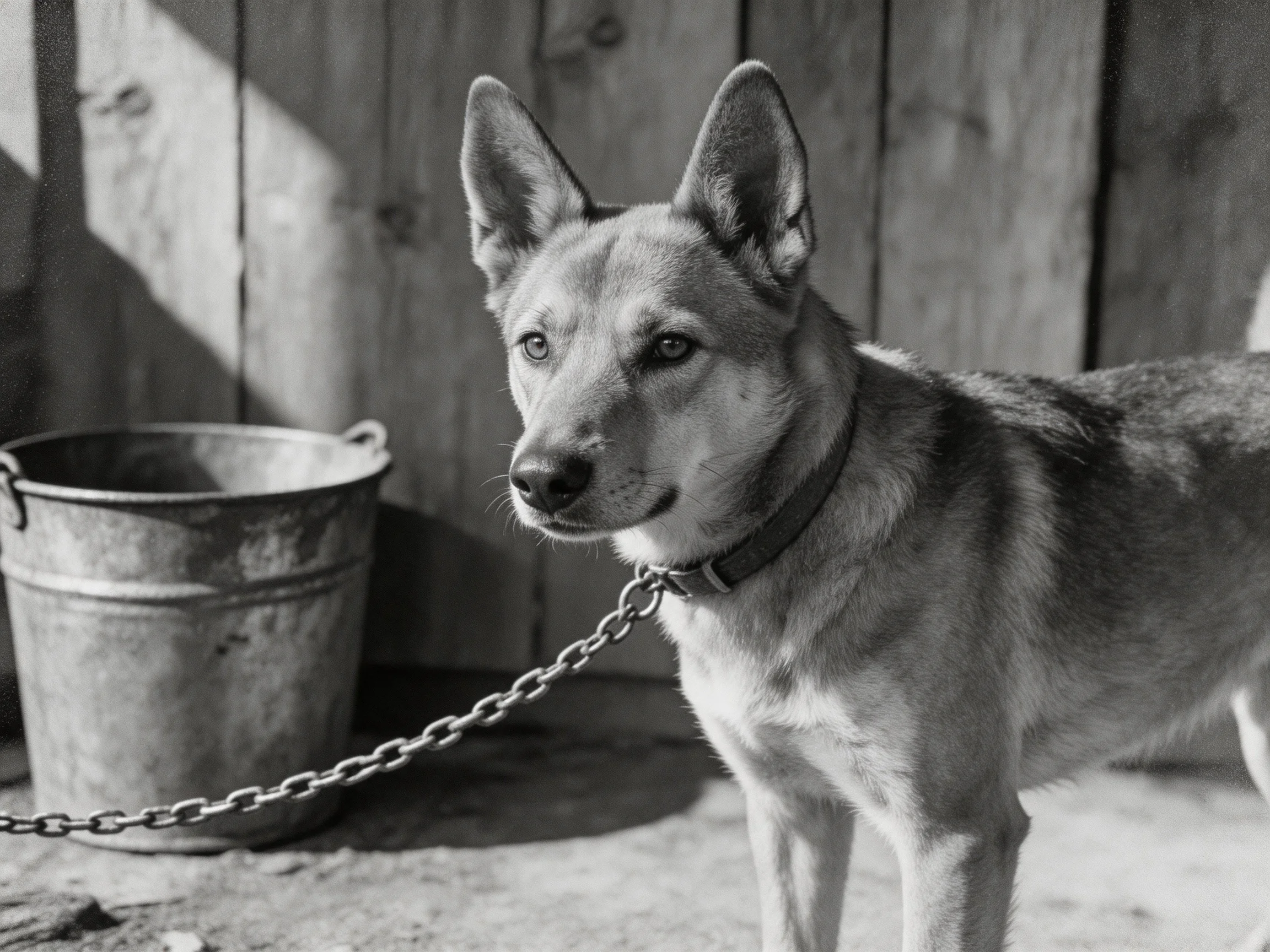 A dog on a chain stands near a metal bucket by a wooden wall.