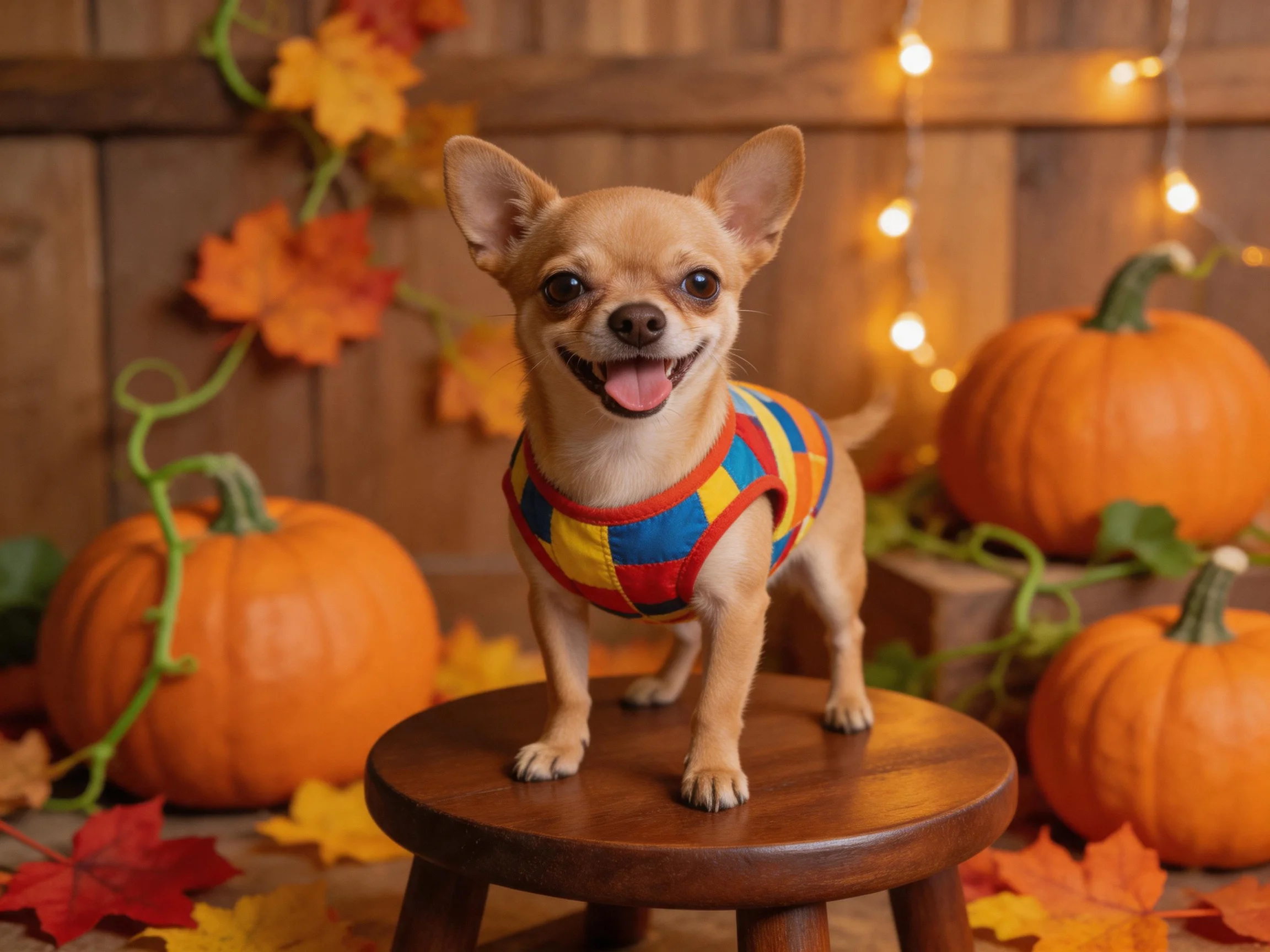 A cheerful Chihuahua in a colorful striped vest amid pumpkins and autumn decor