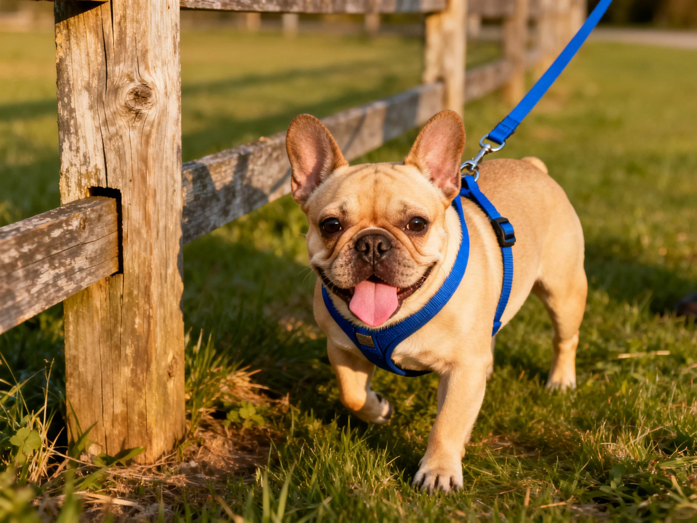 A cheerful French bulldog walks near a weathered wooden fence