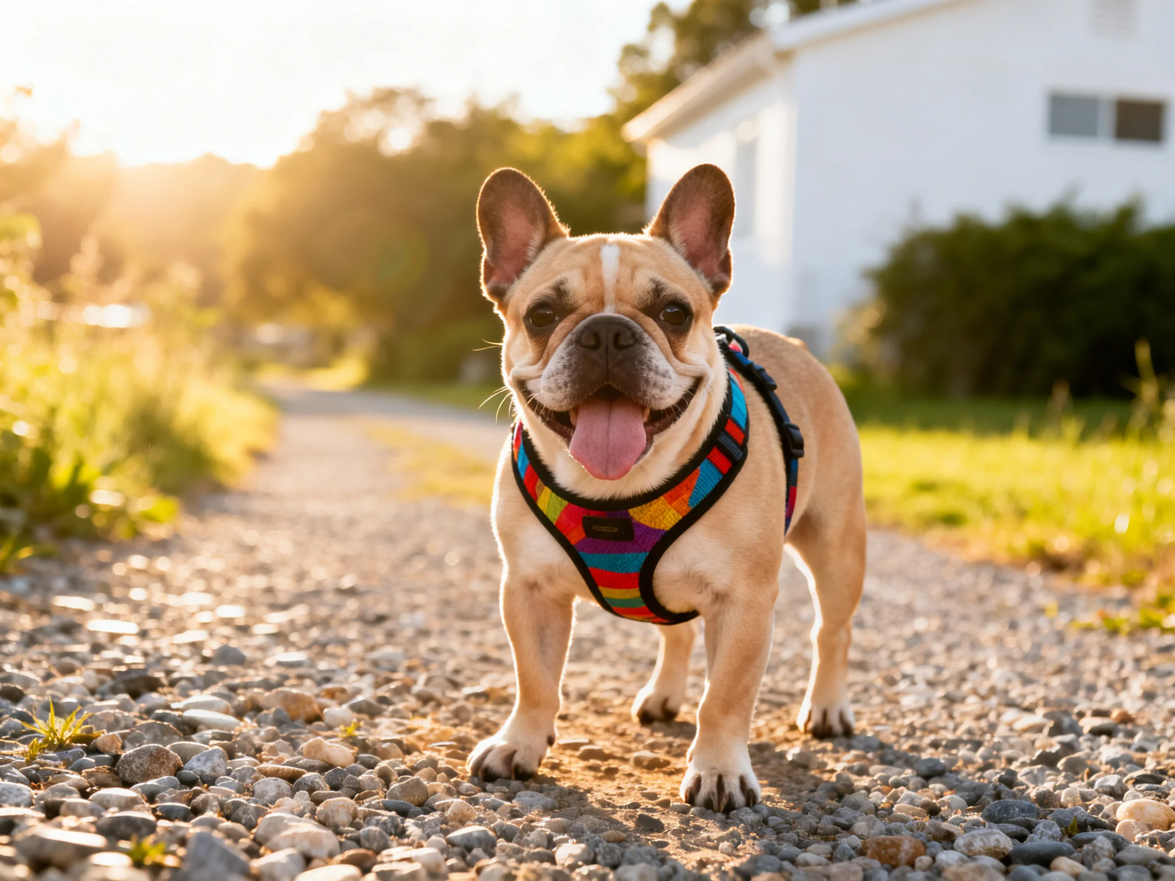 A cheerful French bulldog wears a rainbow-patterned harness on a gravel path