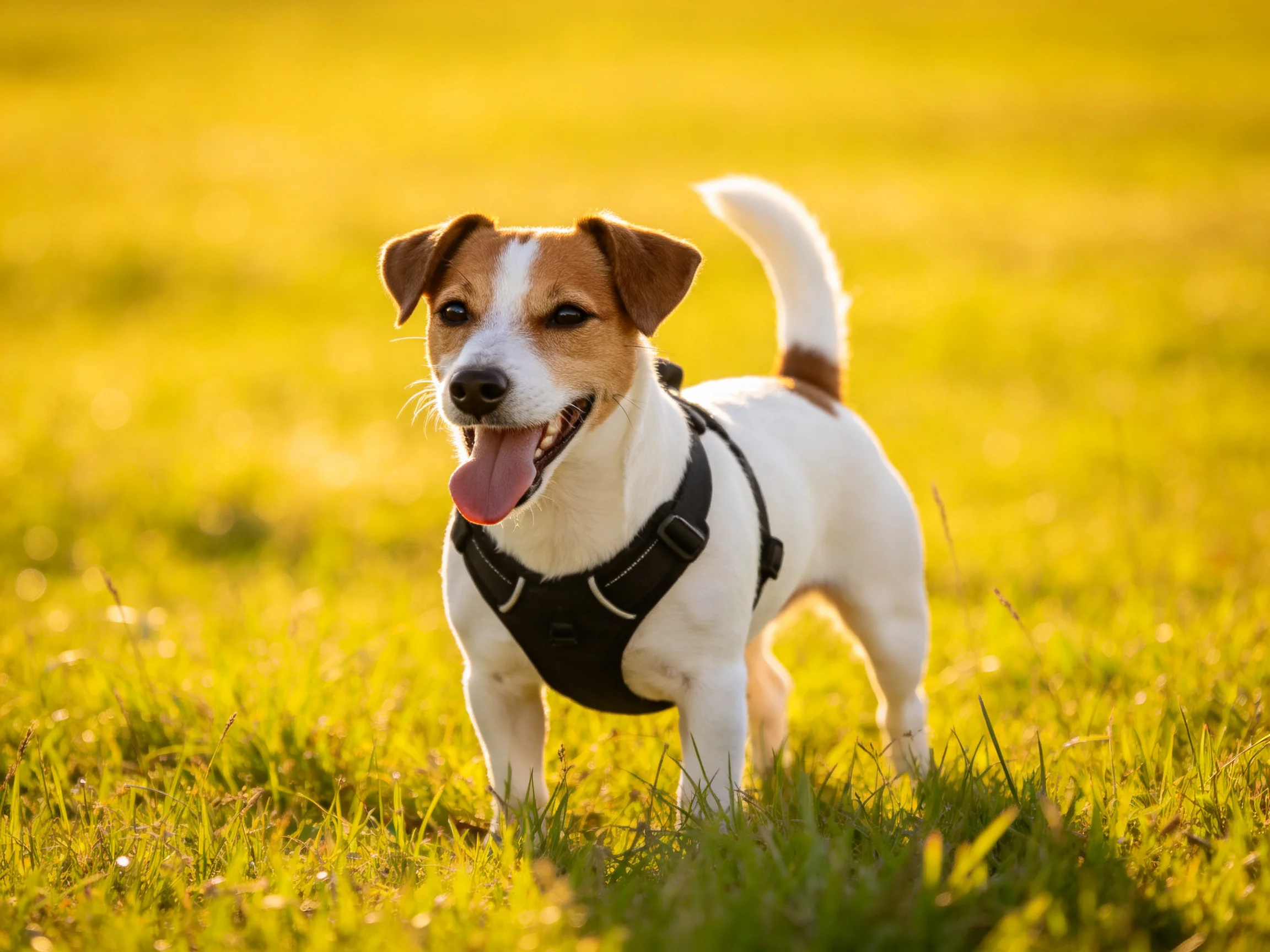 A cheerful Jack Russell terrier standing on sun-drenched grass