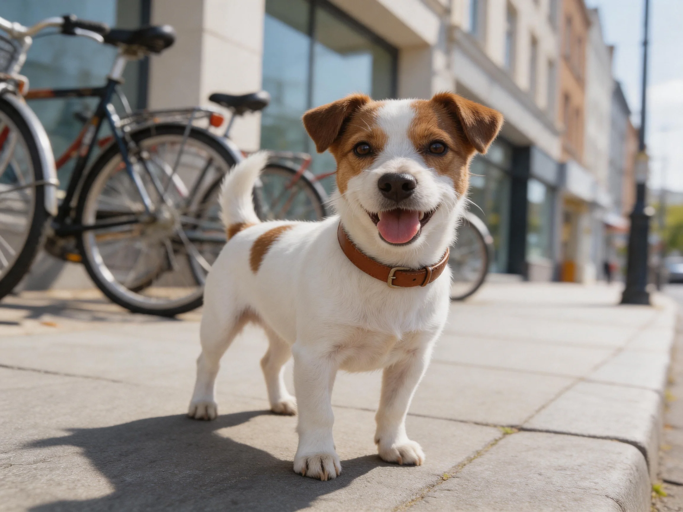 A cheerful Jack Russell terrier stands on a sunny city sidewalk near bicycles
