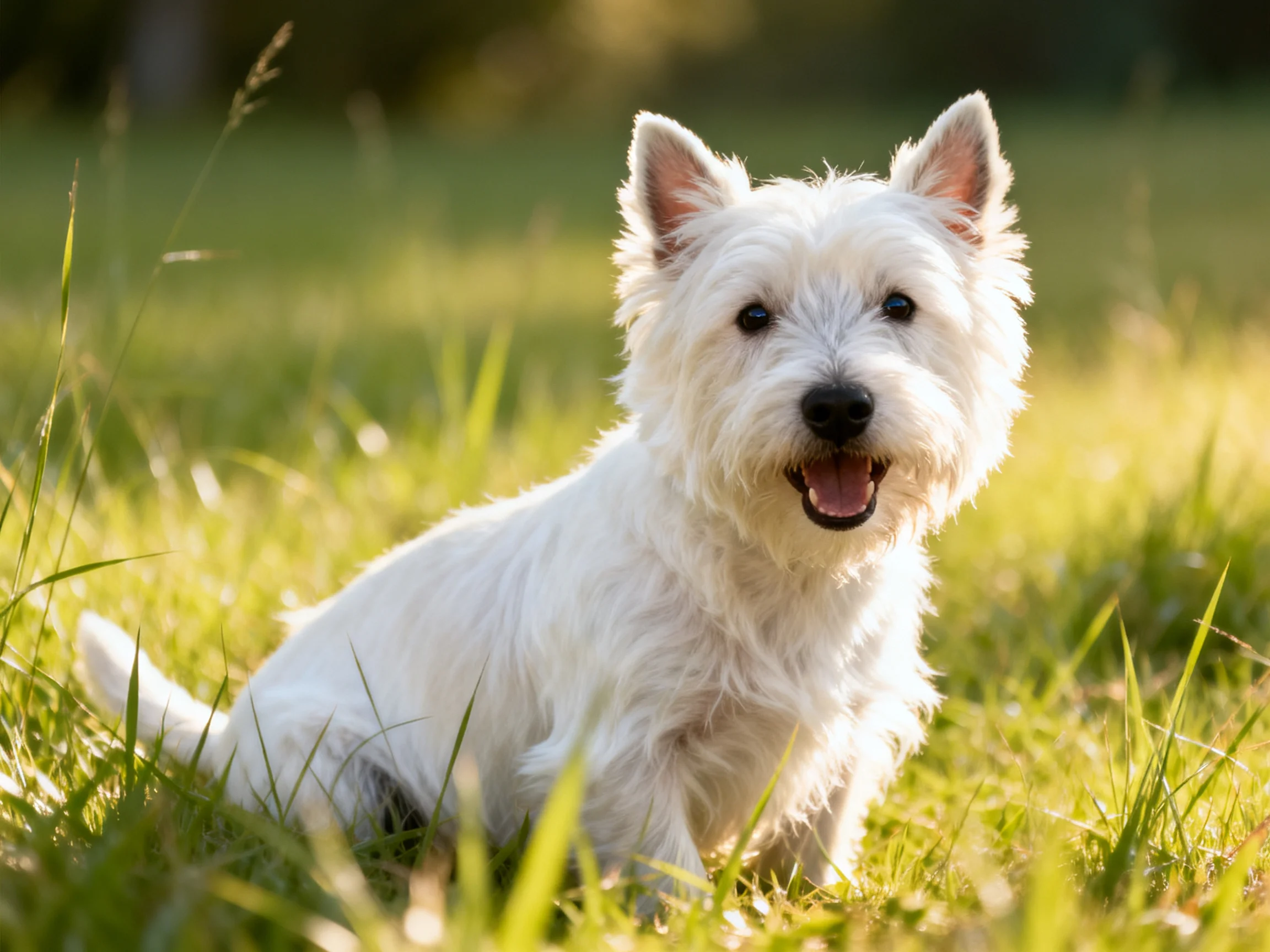 A cheerful West Highland White Terrier sitting in sunlit green grass