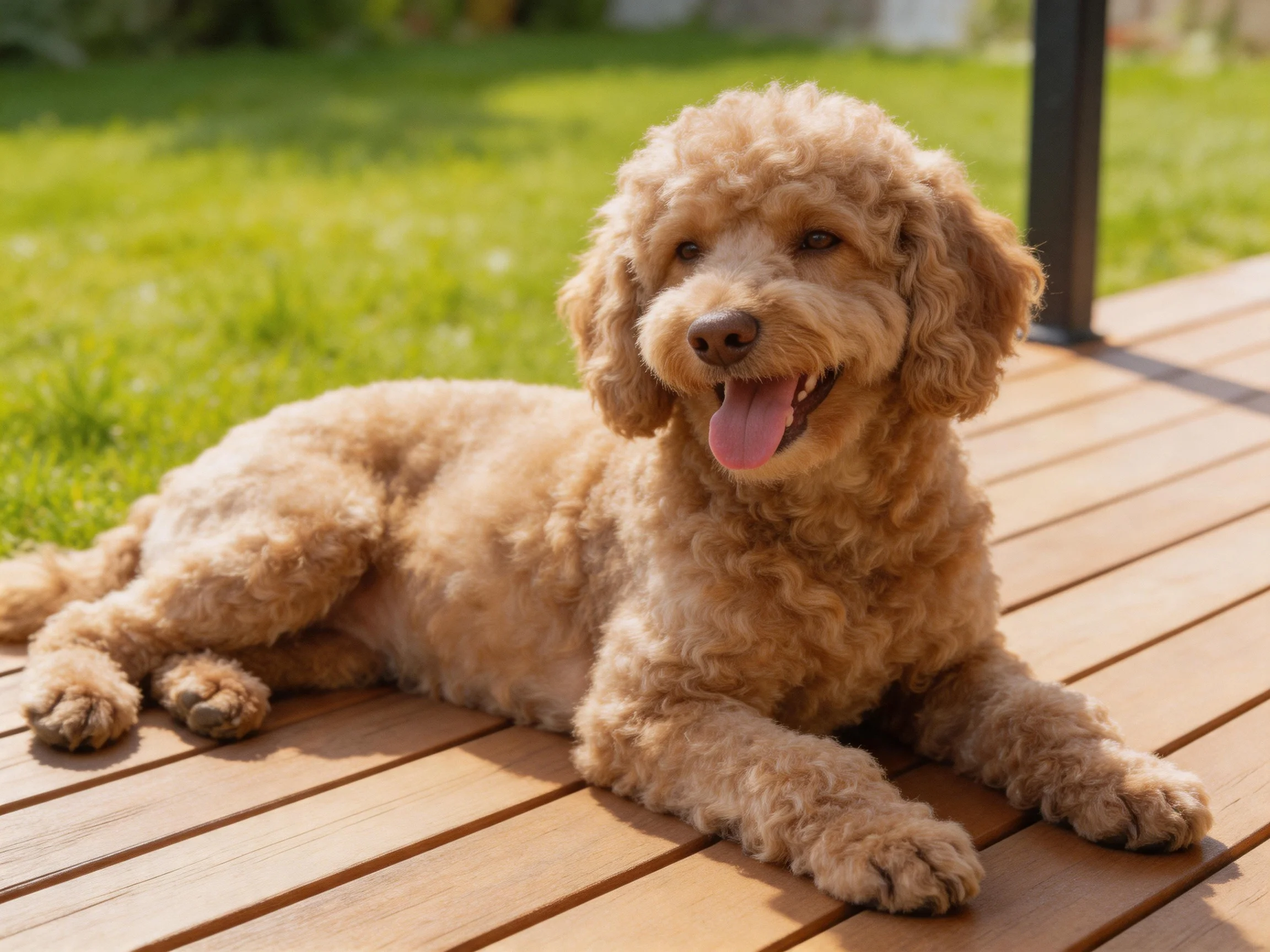 An apricot-colored poodle mix lounges contentedly on wooden planks outdoors.