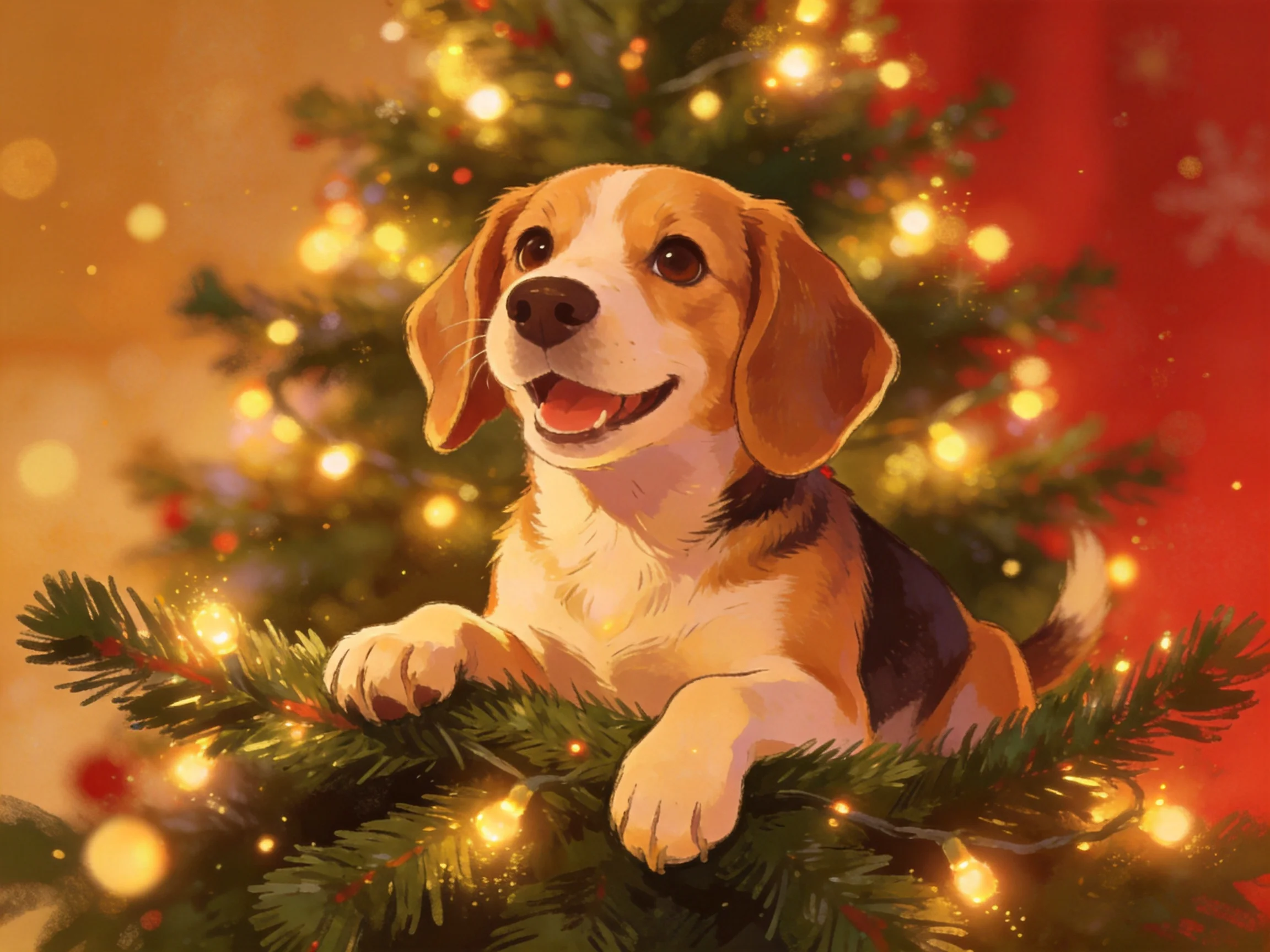 A cheerful beagle puppy perched on a lit Christmas tree with twinkling lights