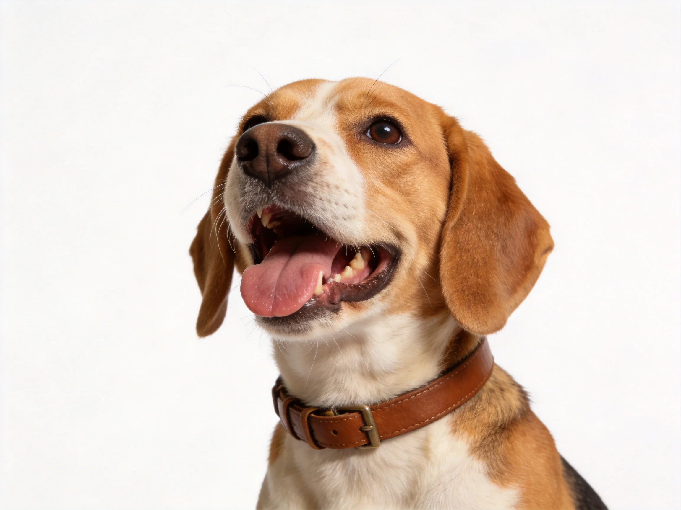 A cheerful beagle with its mouth open, tongue out, against a plain white background.
