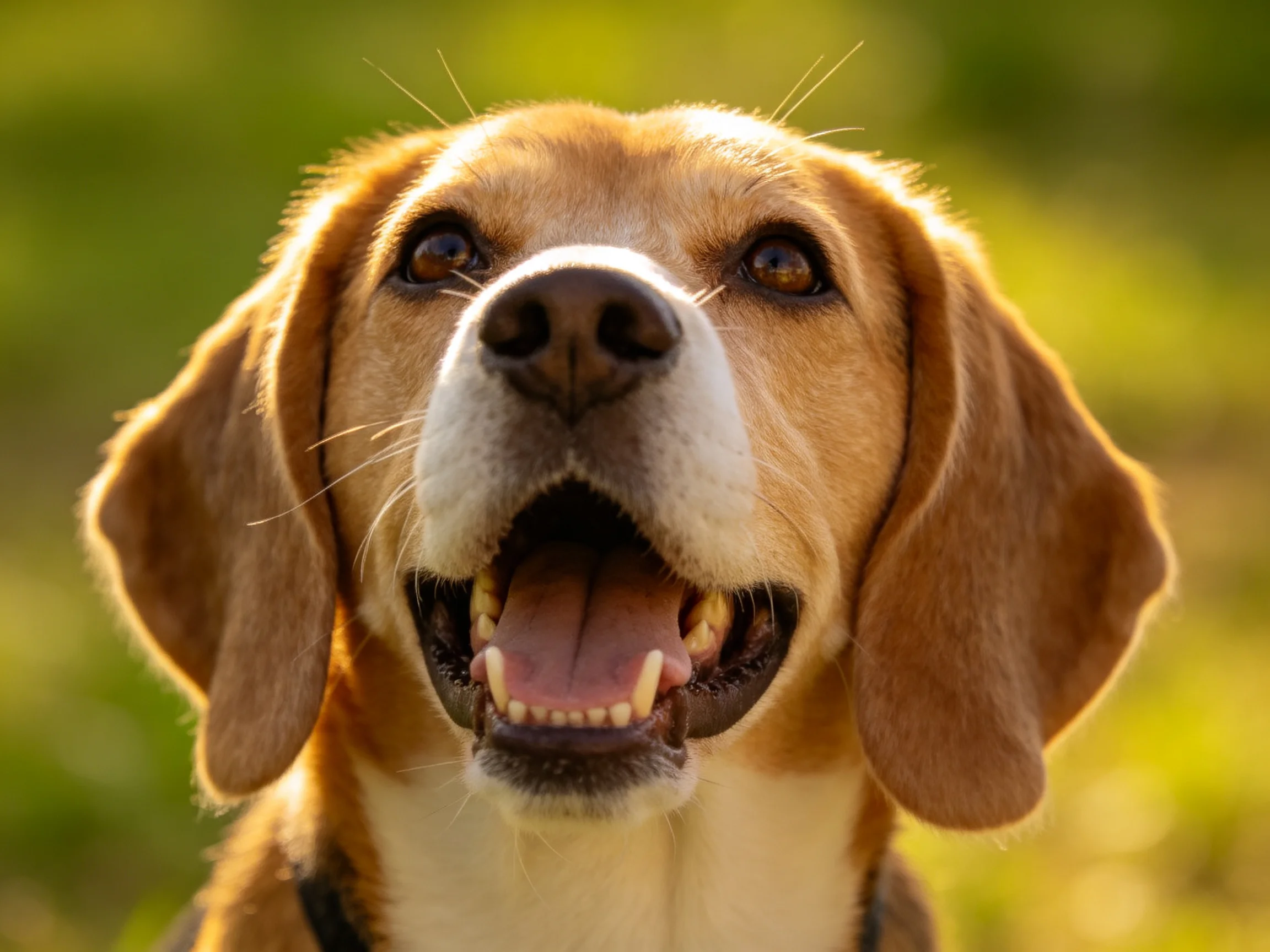 A cheerful beagle with tan and white fur in a sunny outdoor environment