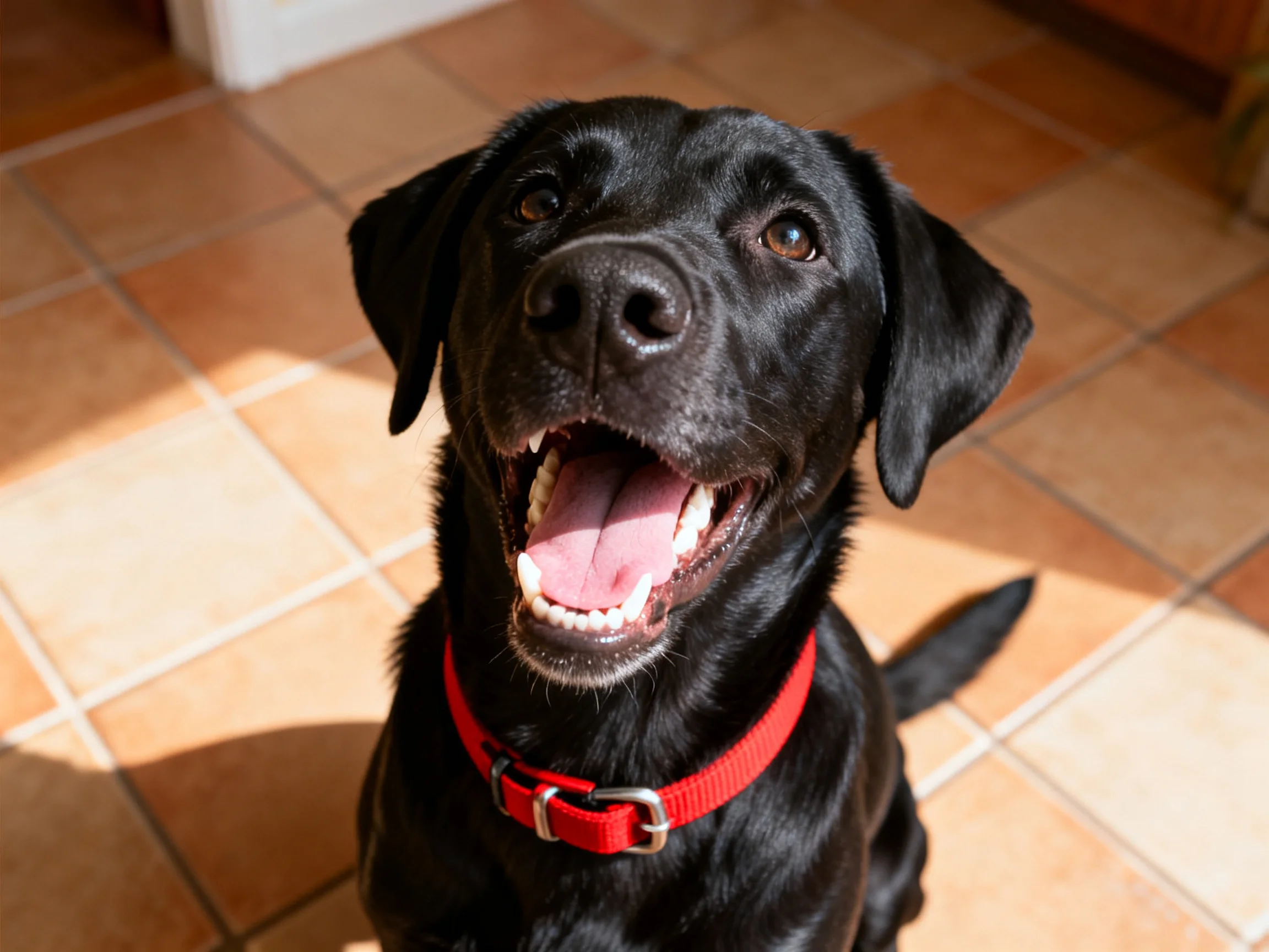 A happy black dog with an open mouth sits on a tiled floor.