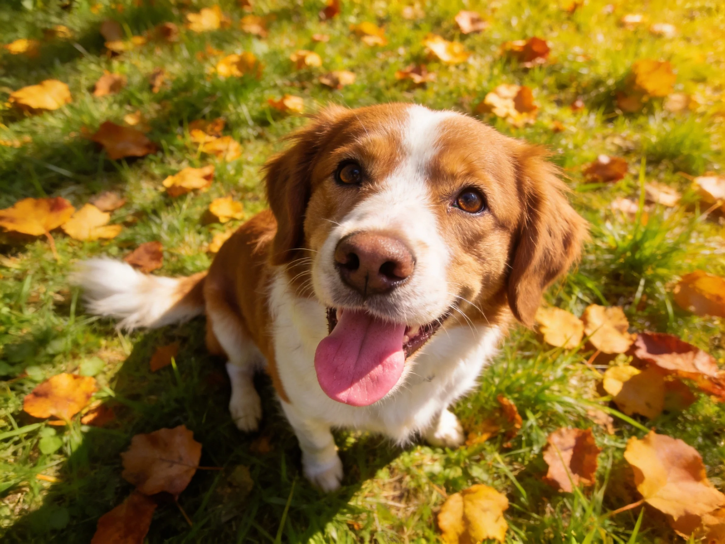 A cheerful brown - and - white dog sits among golden fallen leaves on green grass
