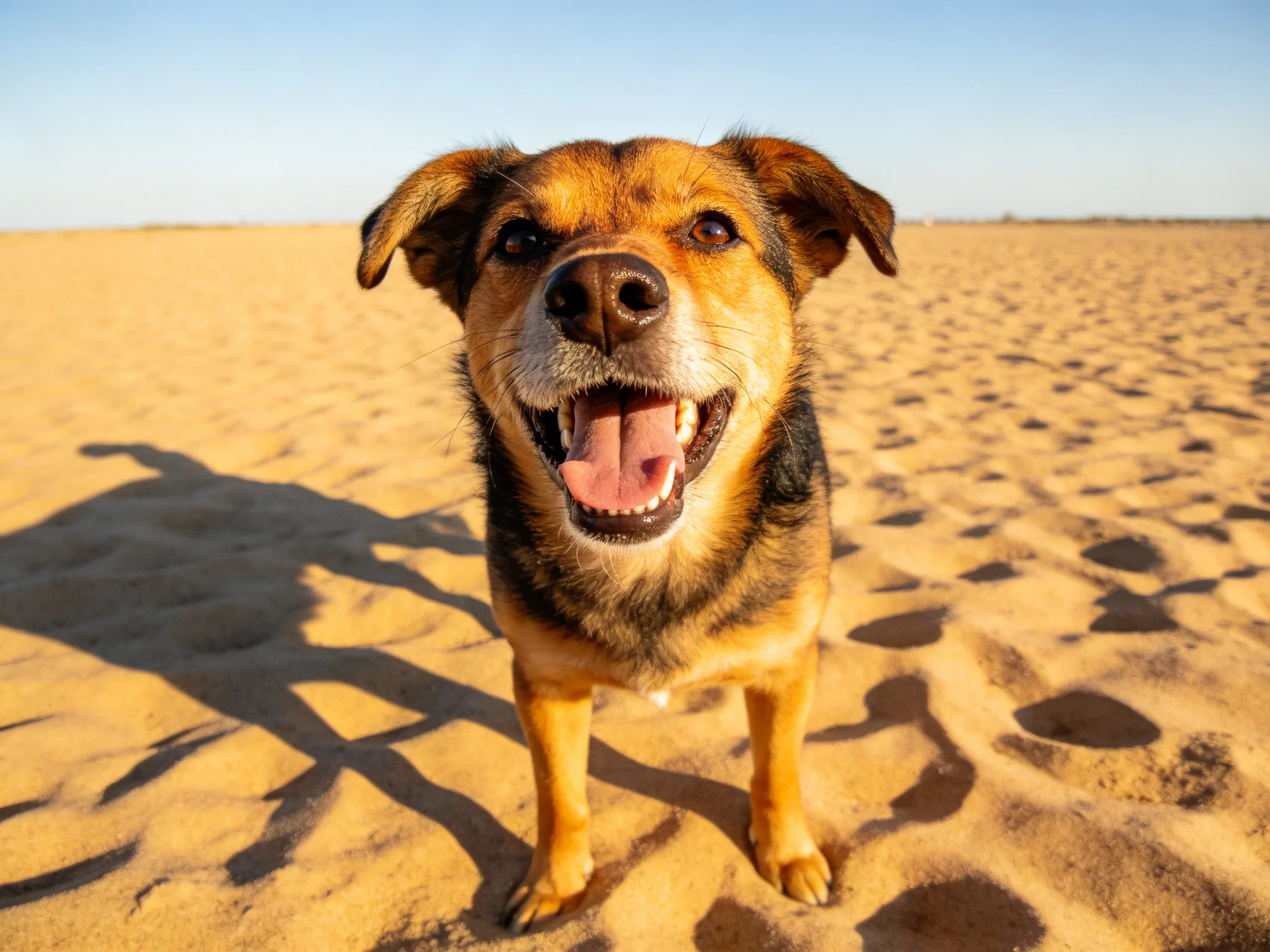 A cheerful brown and black dog on golden sandy beach