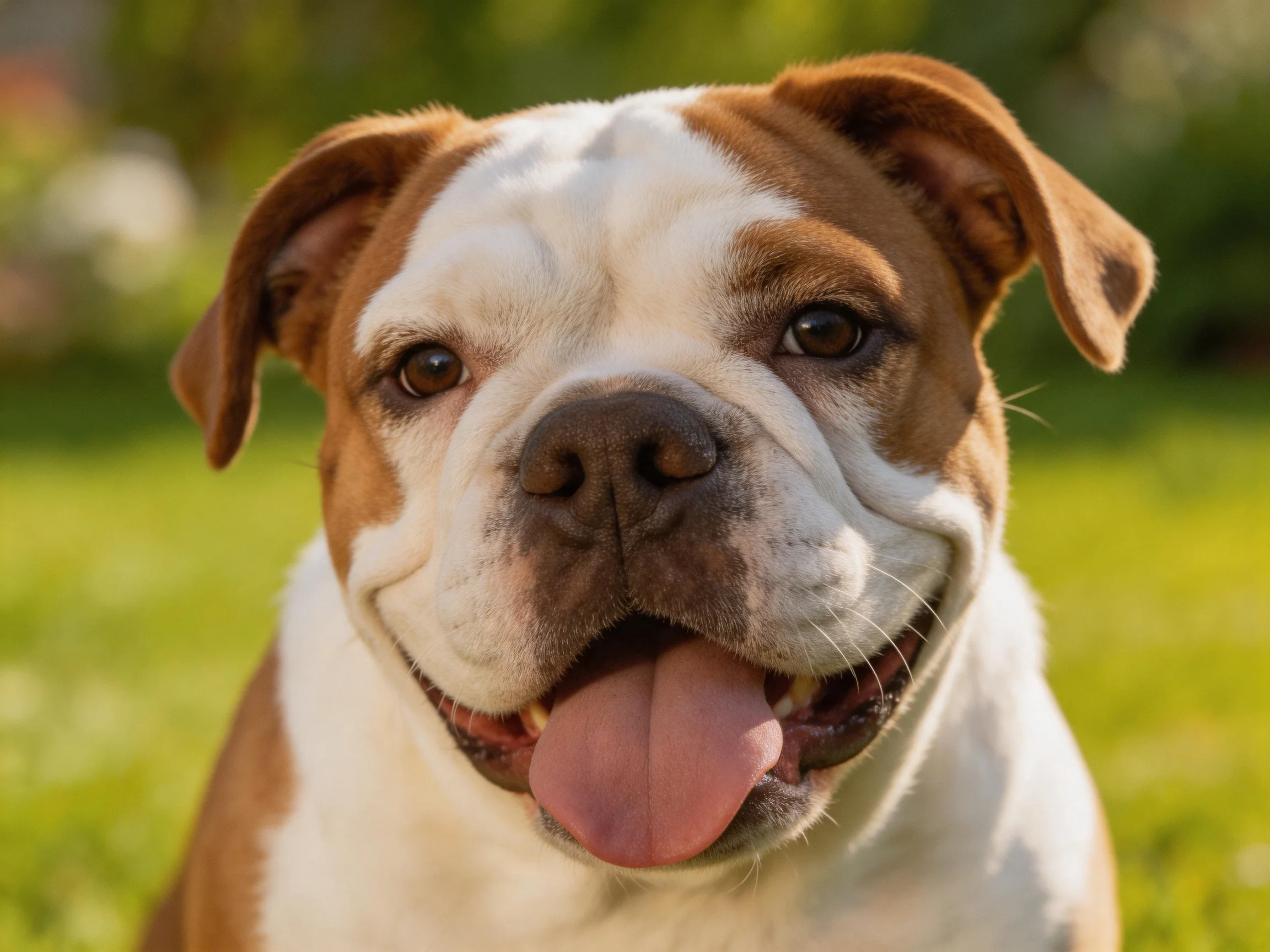 A brown and white bulldog appears happy while outdoors in bright sunlight.