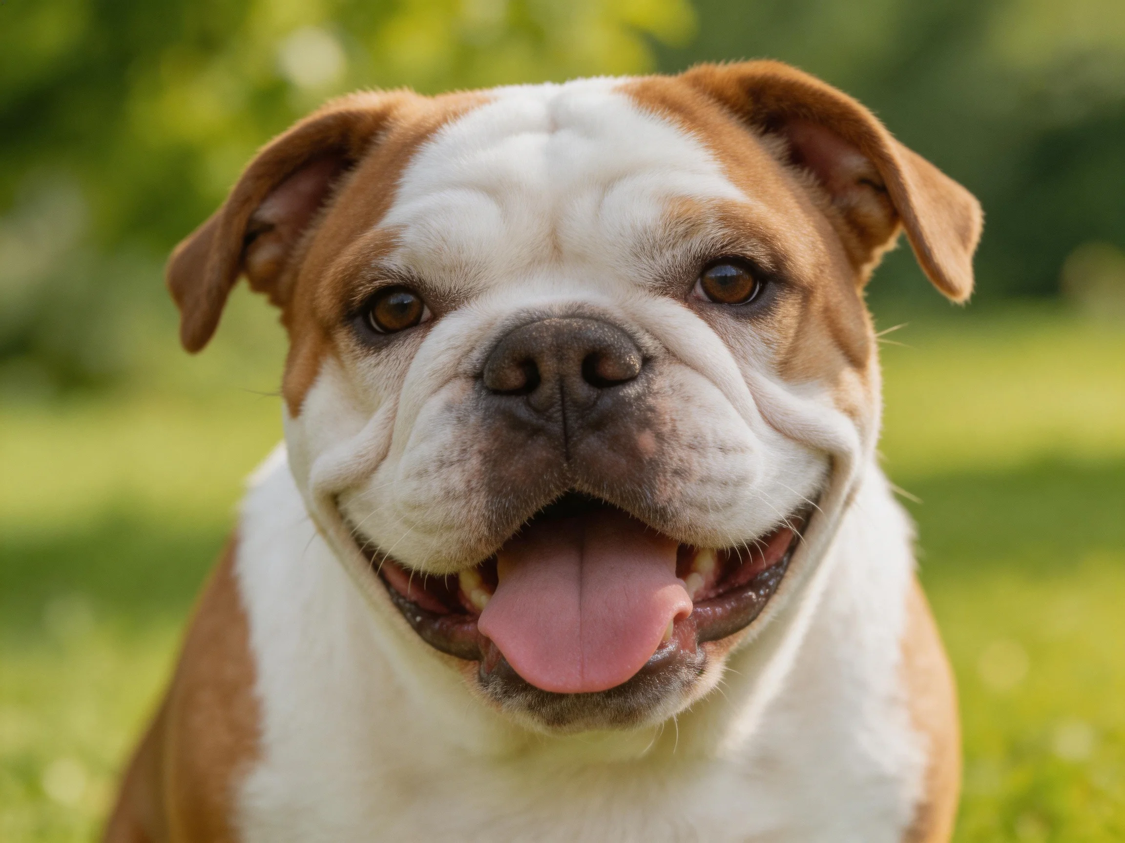 A cheerful brown and white bulldog in a sunny green park