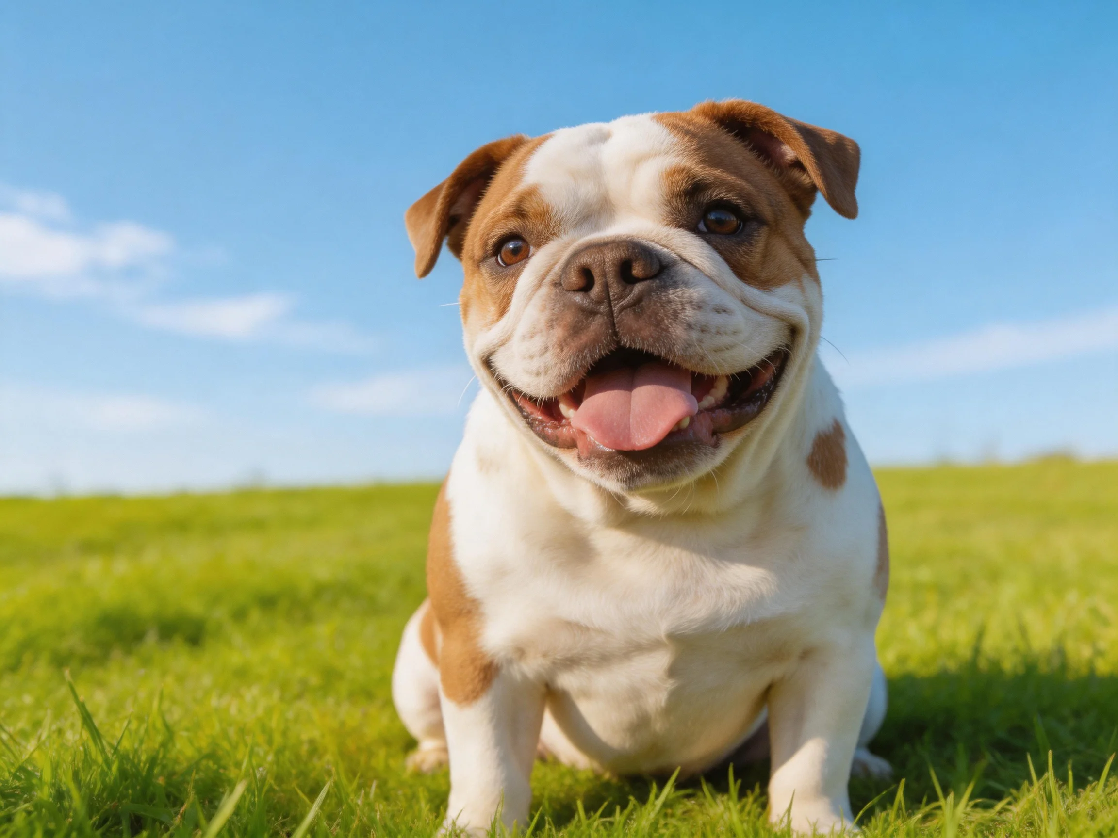 A cheerful brown-and-white bulldog sits on lush green grassunder a clear blue sky