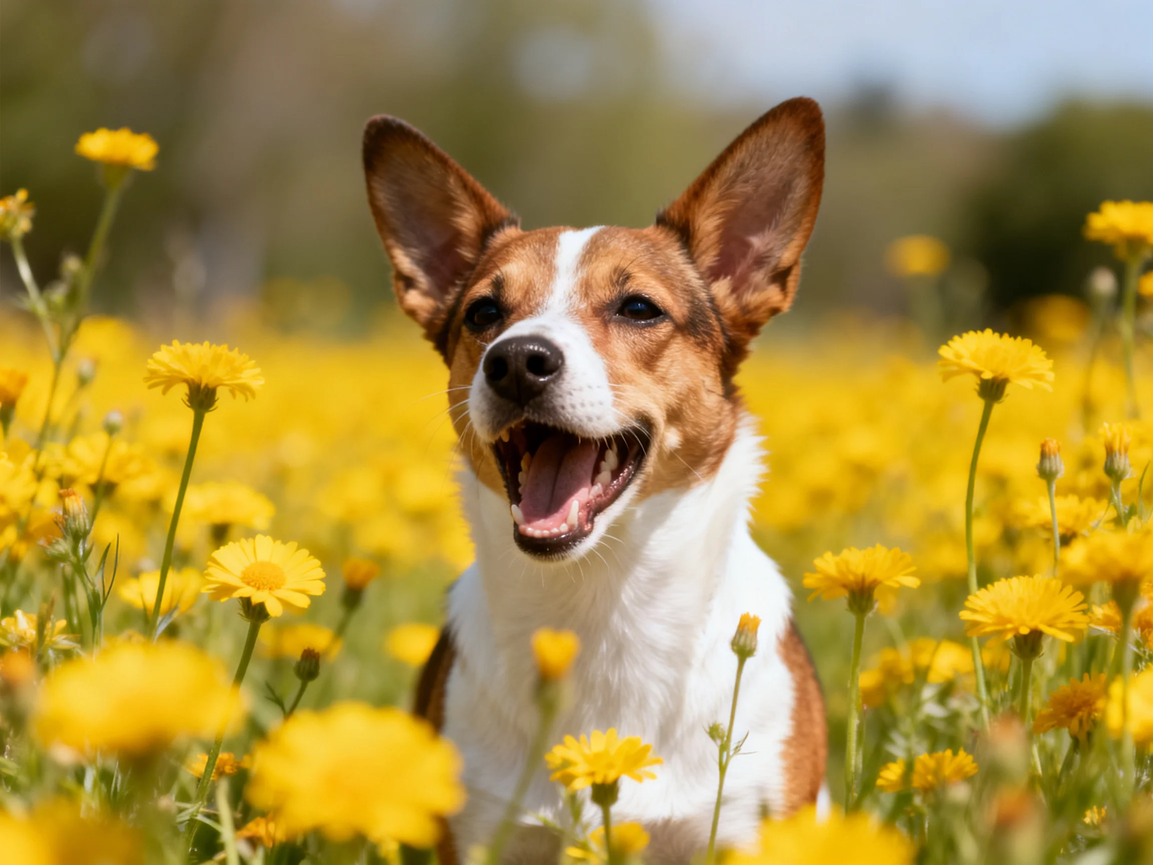 A cheerful brown-and-white dog amid bright yellow wildflowers in a sunlit field
