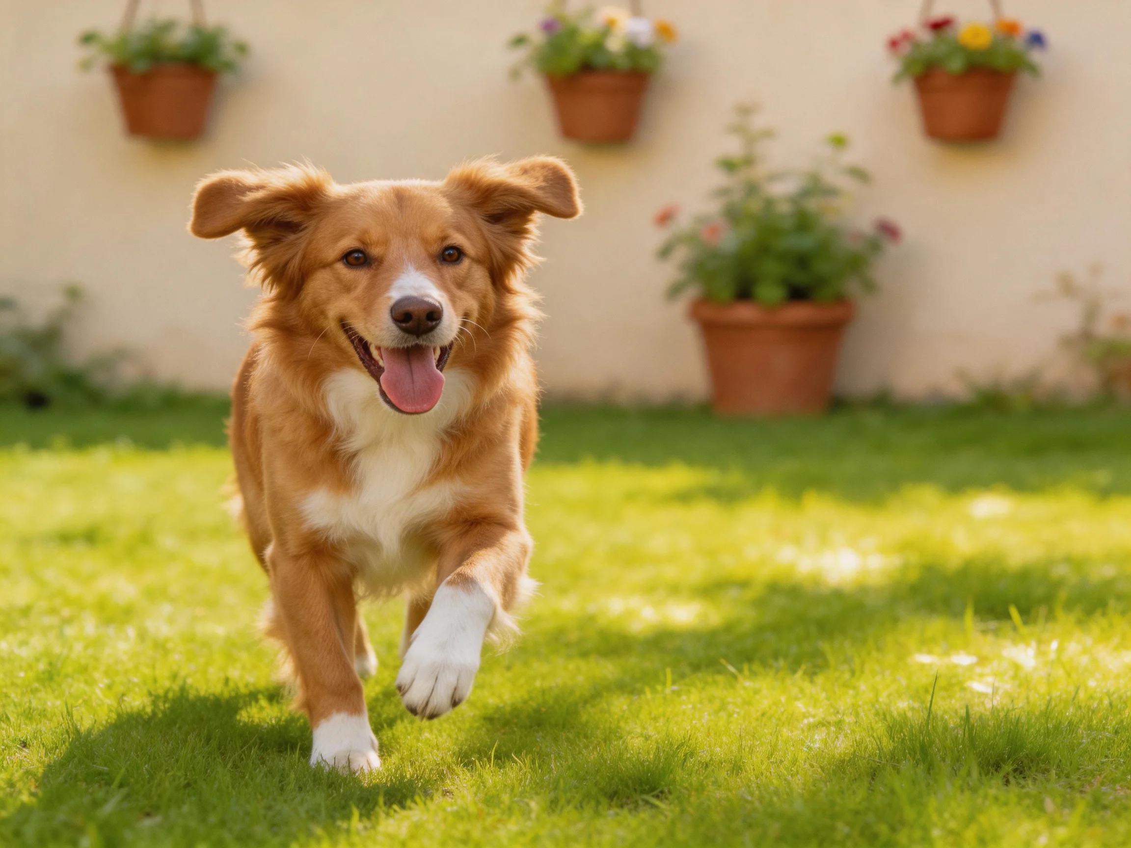 A joyful brown-and-white dog runs happily on sun-drenched grass near flower pots