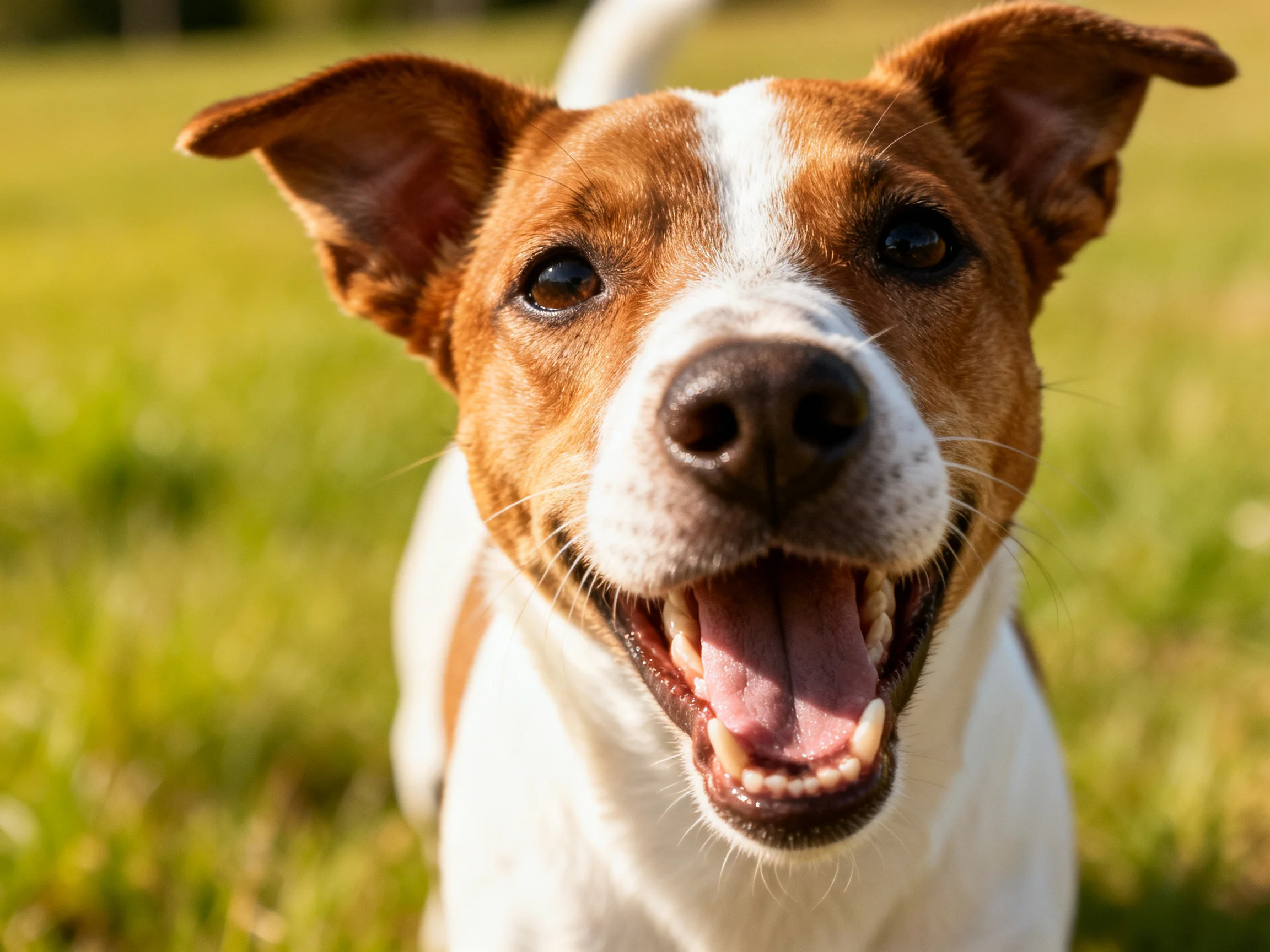 A cheerful brown-and-white dog smiling in a sunlit grassy field