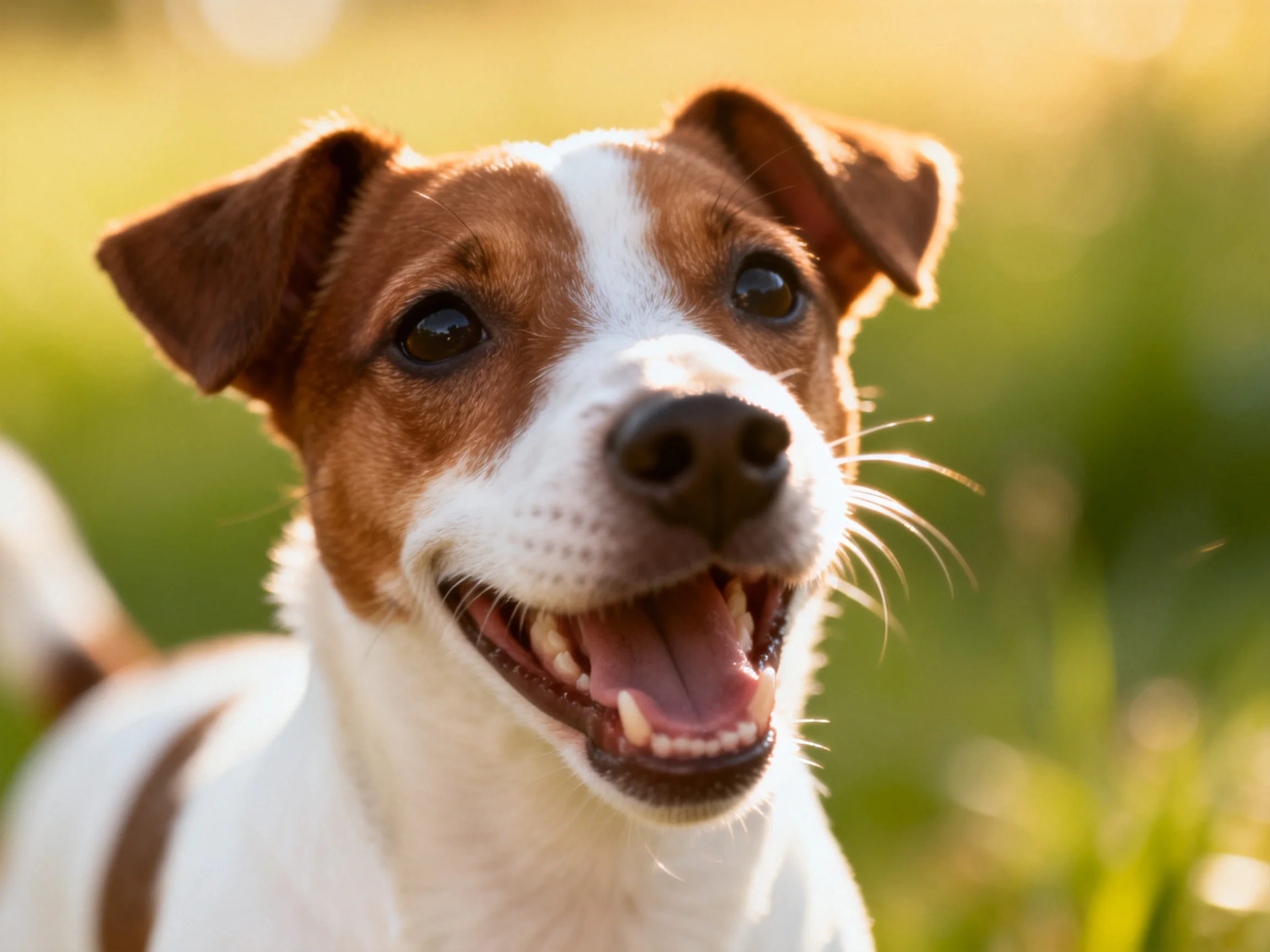 A joyful brown-and-white dog smiles happily in a sunlit outdoor area.