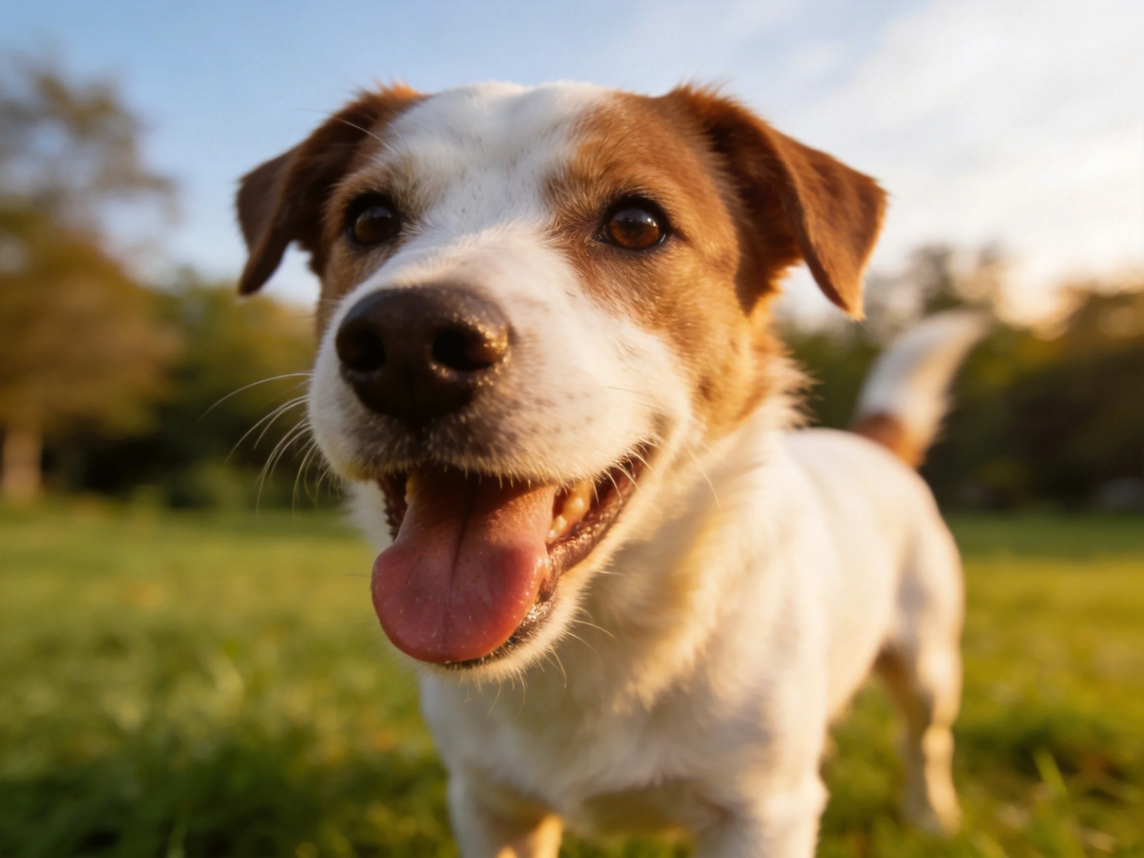 A cheerful dog with brown and white fur enjoys a sunny outdoor space.