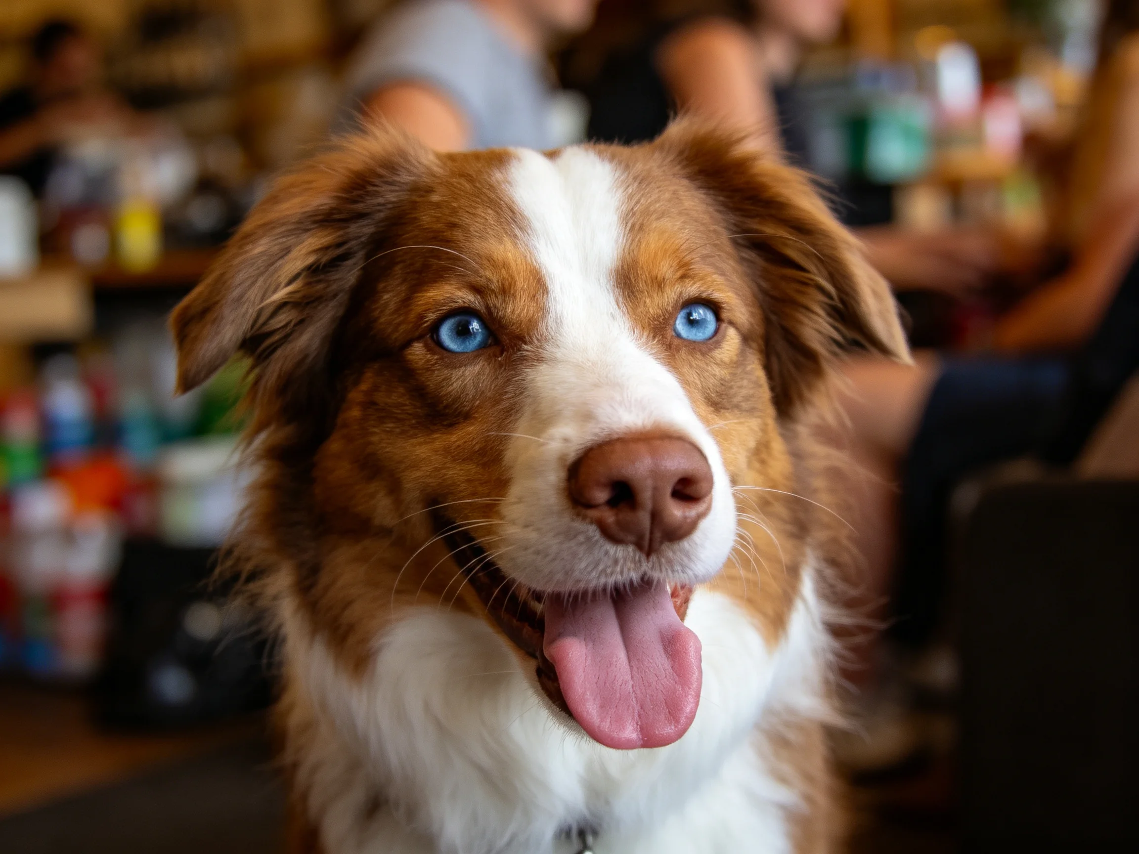 A cheerful brown-and-white dog with bright blue eyes stands in focus amid a softly blurred indoor environment.