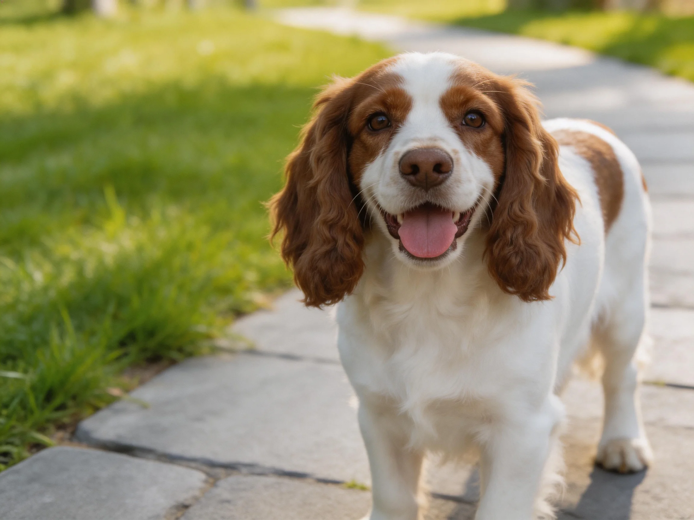 A brown-and-white spaniel enjoys time on a stone pathway.