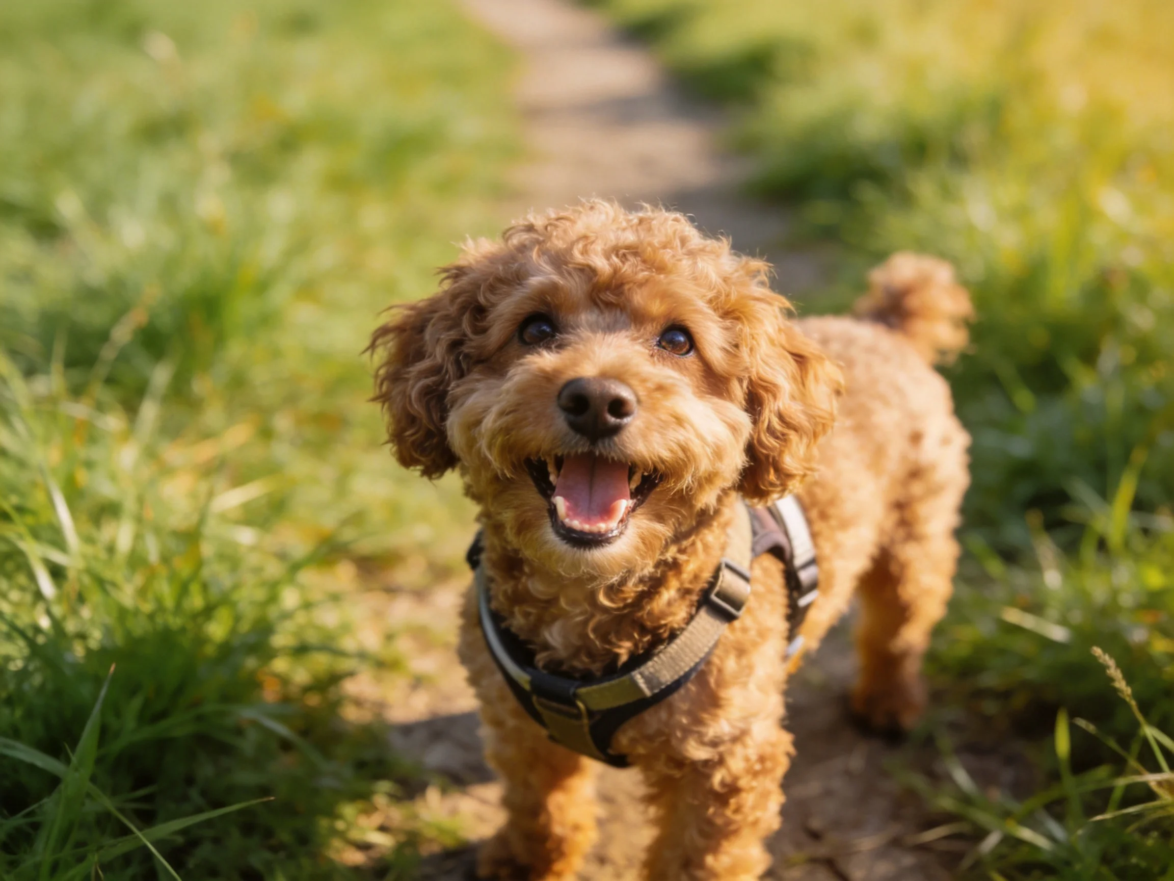 A cheerful brown curly-haired dog with a harness on a sunlit dirt path