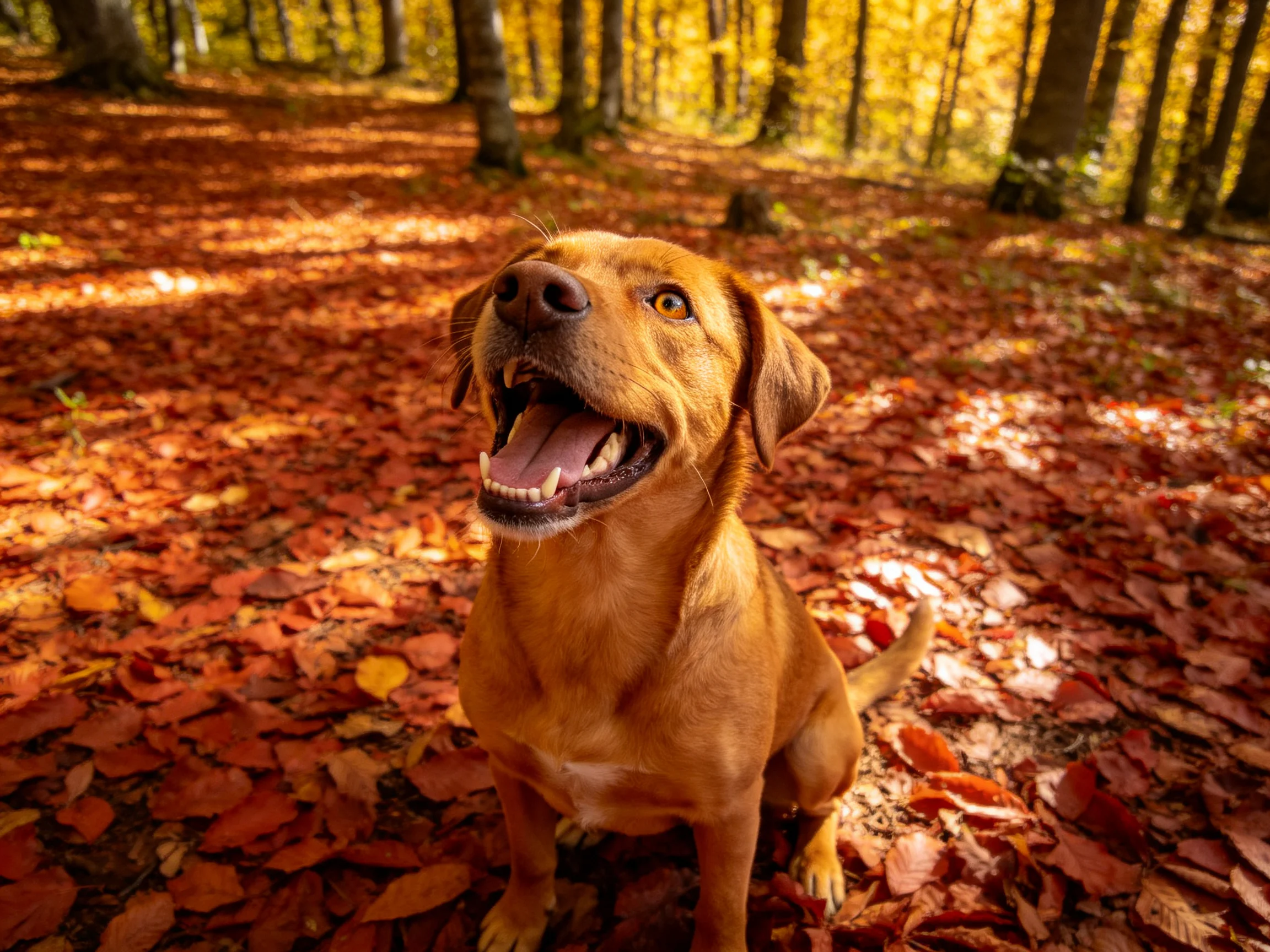 A cheerful brown dog amid colorful fallen leaves in a sunlit forest